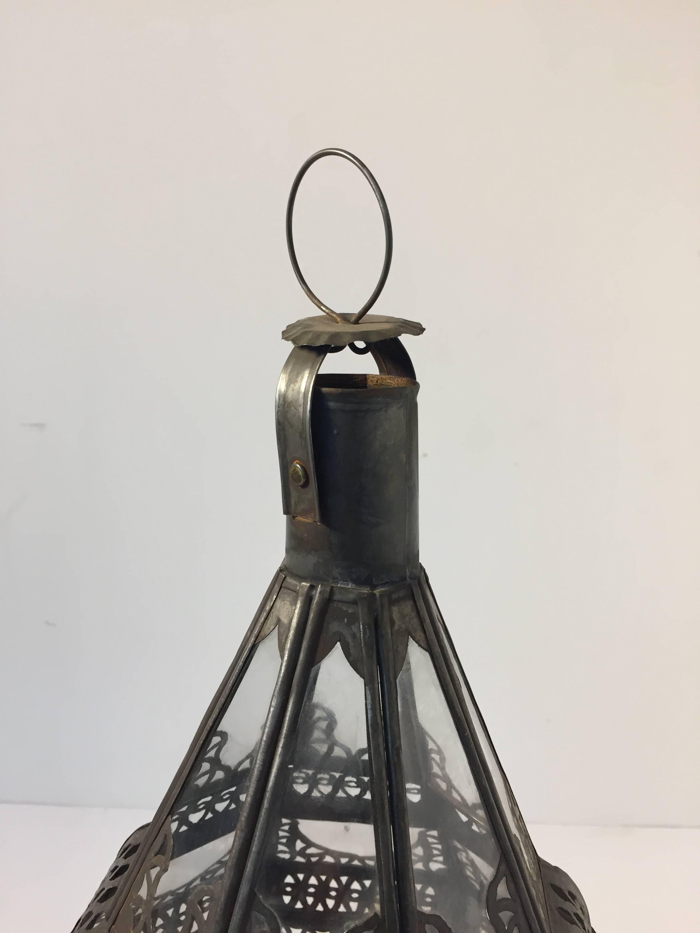 20th Century Moroccan Moorish Metal and Clear Glass Candle Lantern For Sale