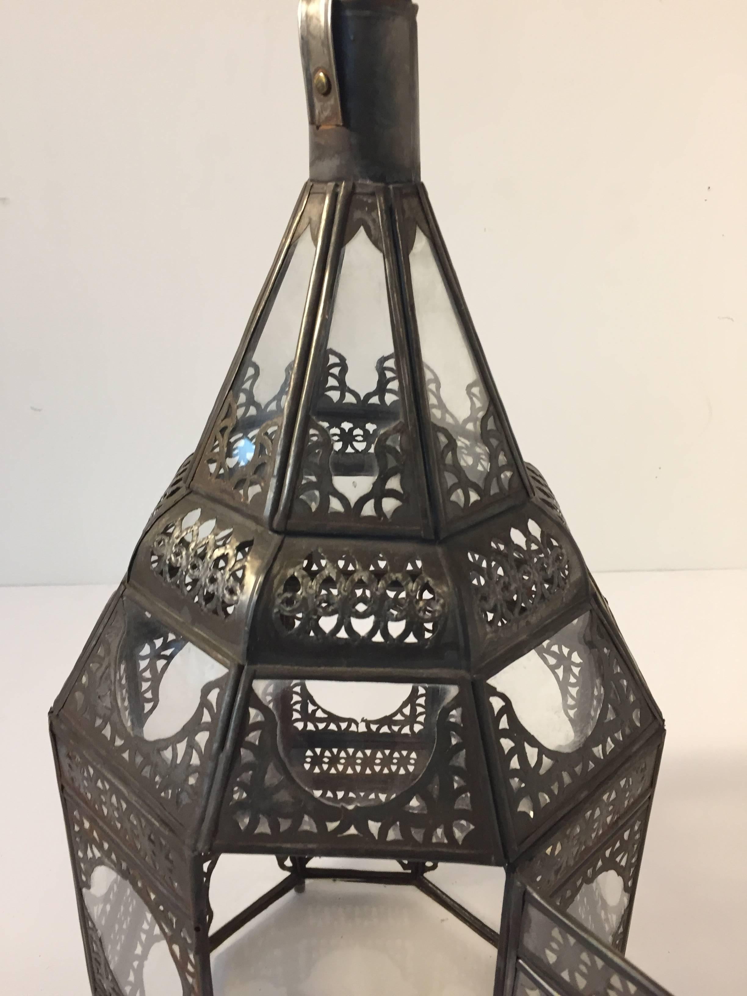 Moroccan Moorish Metal and Clear Glass Candle Lantern For Sale 1