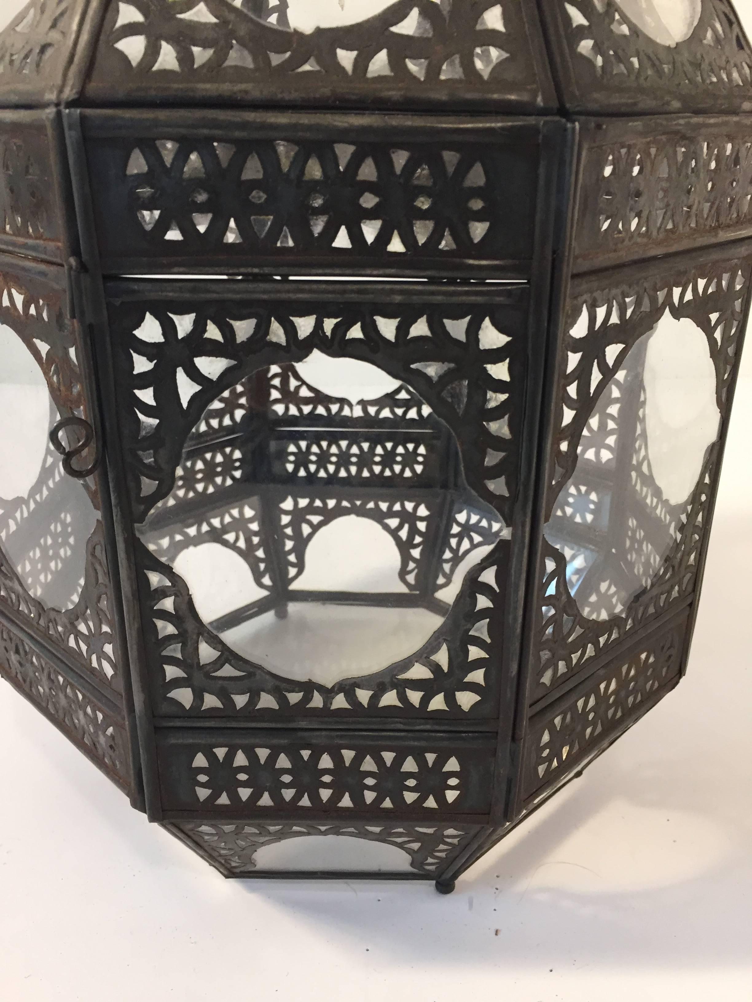Moroccan Moorish Metal and Clear Glass Candle Lantern For Sale 2