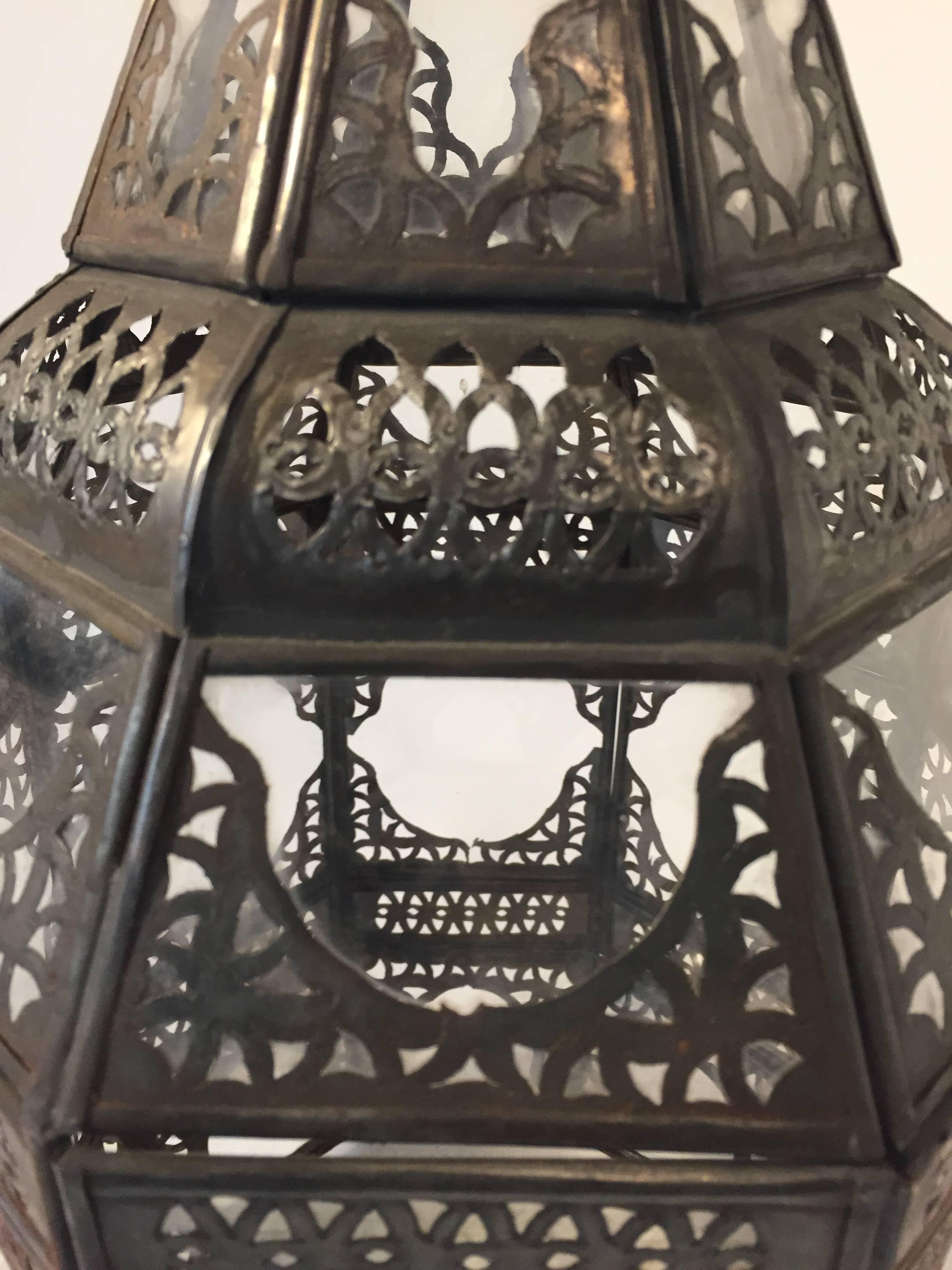 Moroccan Moorish Metal and Clear Glass Candle Lantern For Sale 4