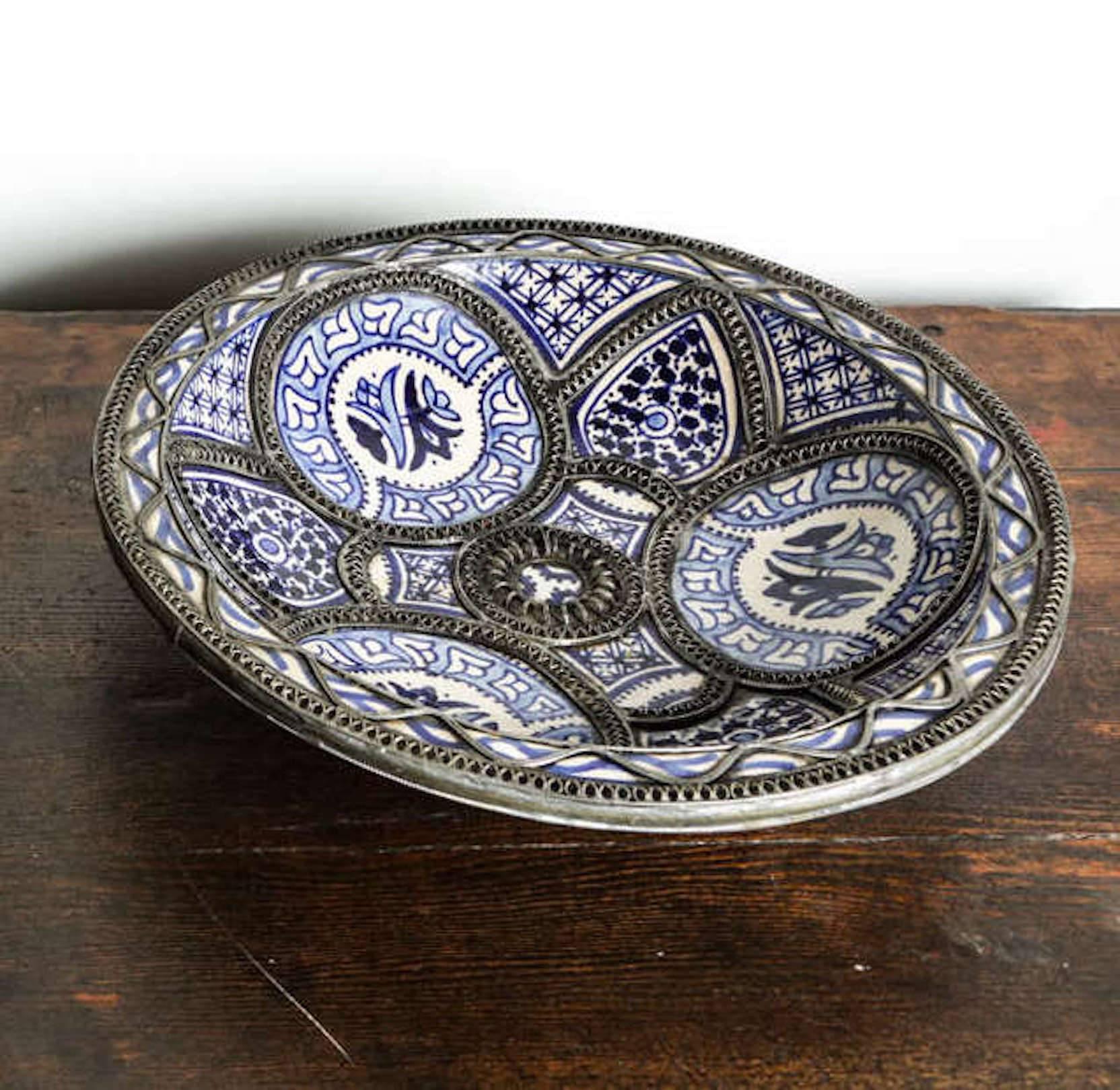 Moorish Moroccan Fez Ceramic Plate in Blue and White Adorned with Filigree