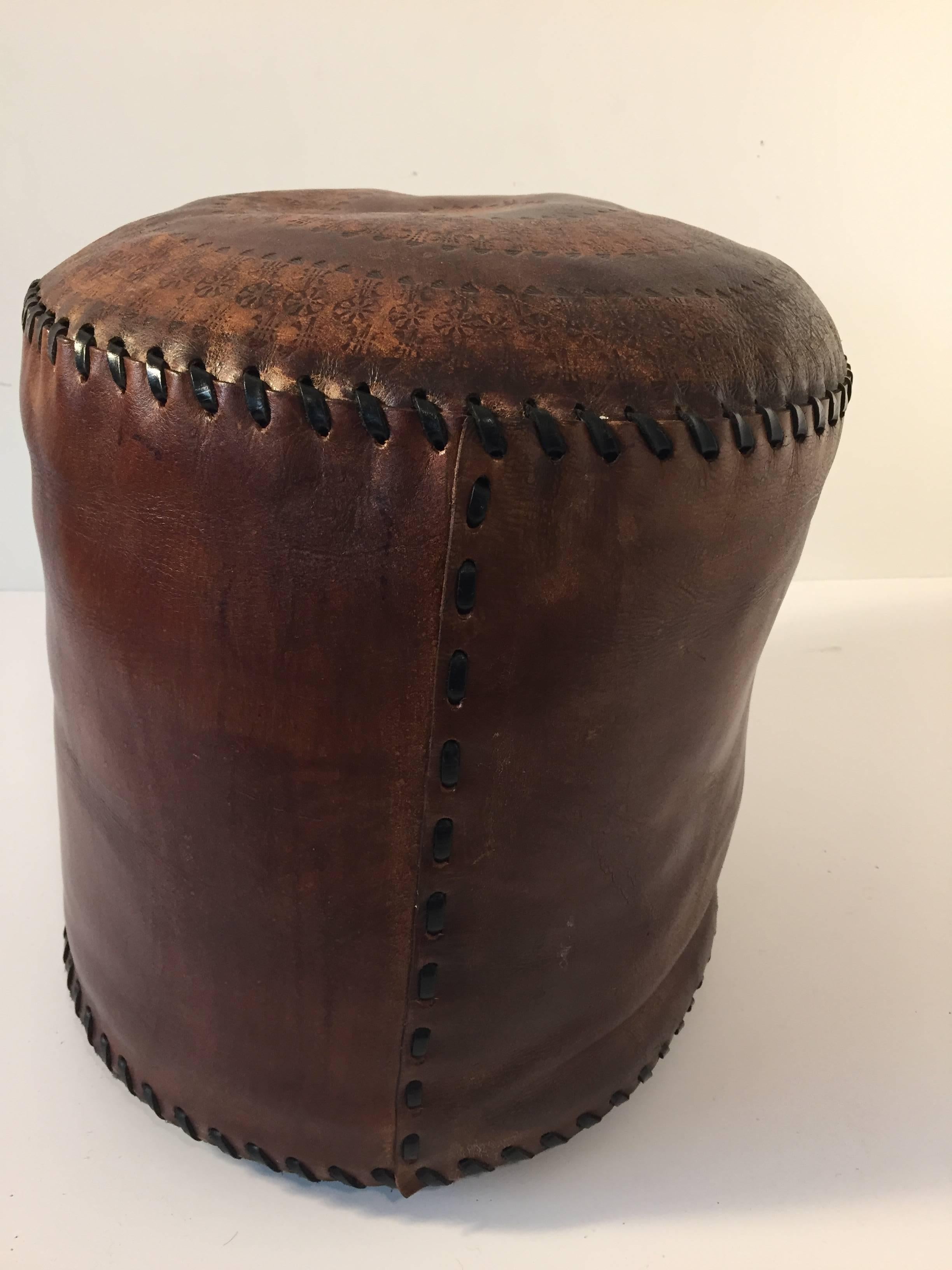 African Hand Tooled Brown Leather Pouf In Good Condition In North Hollywood, CA