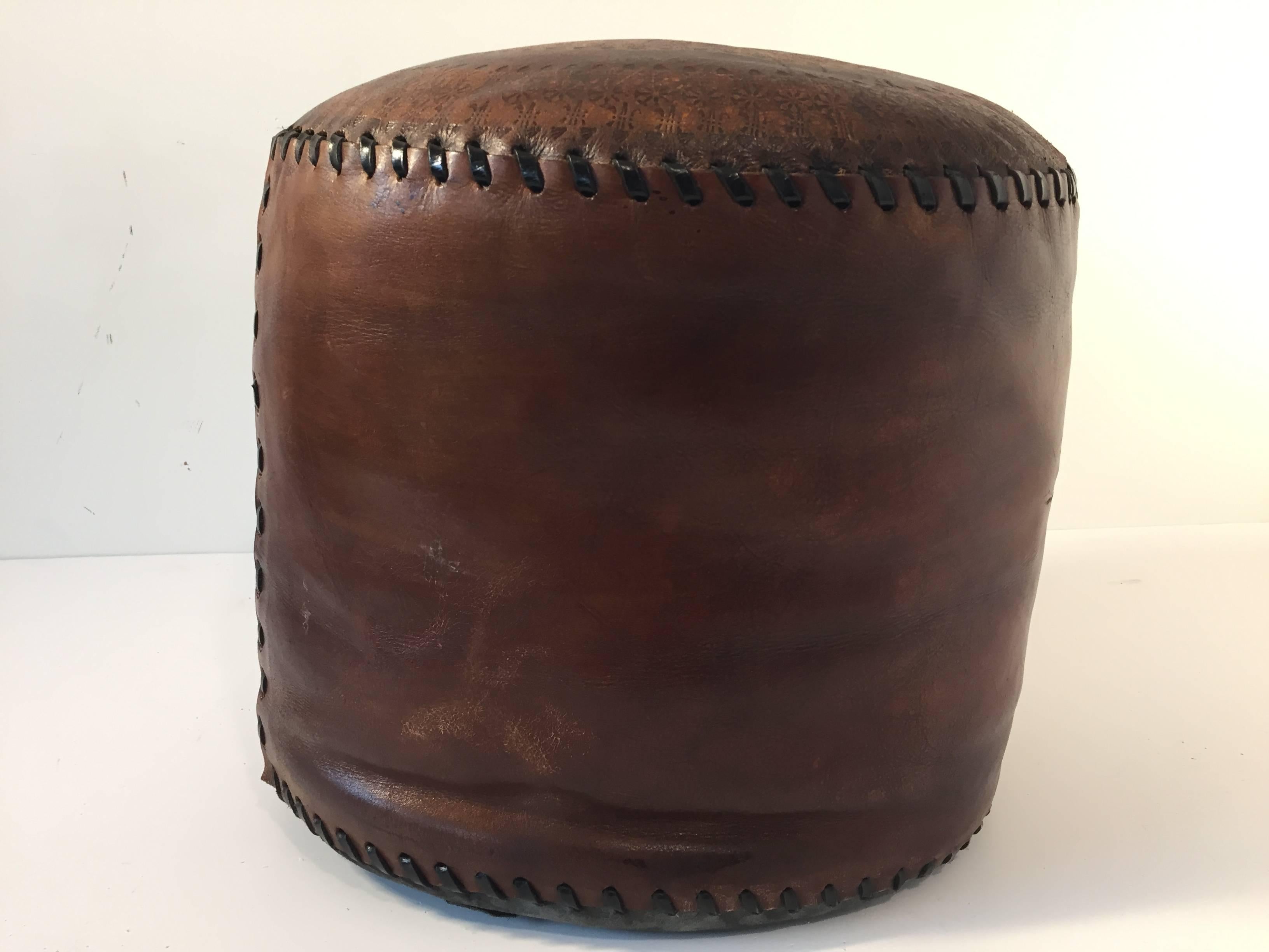 20th Century African Hand Tooled Brown Leather Pouf