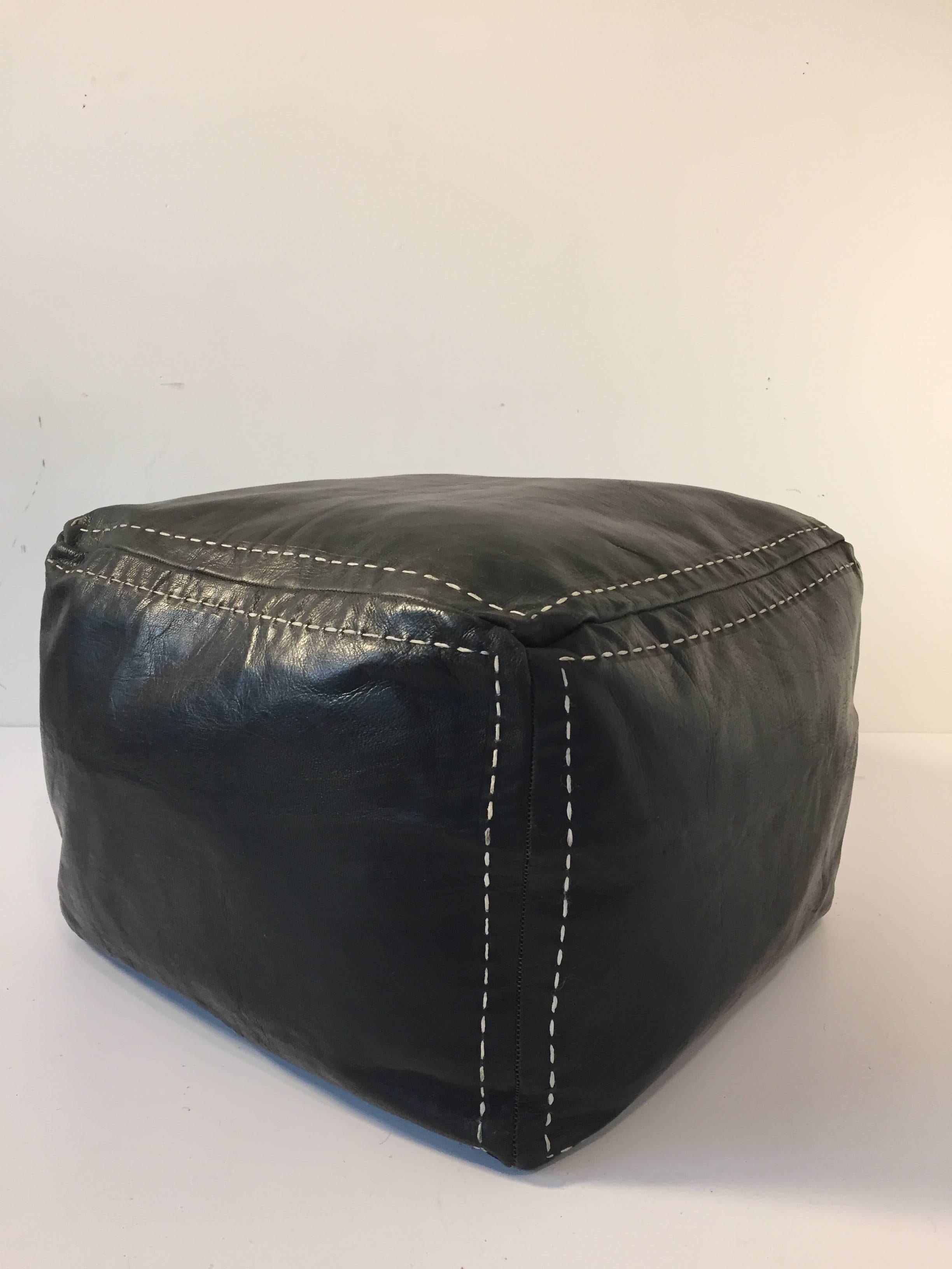 Moroccan Black Leather Square Pouf Hand Tooled in Morocco 1