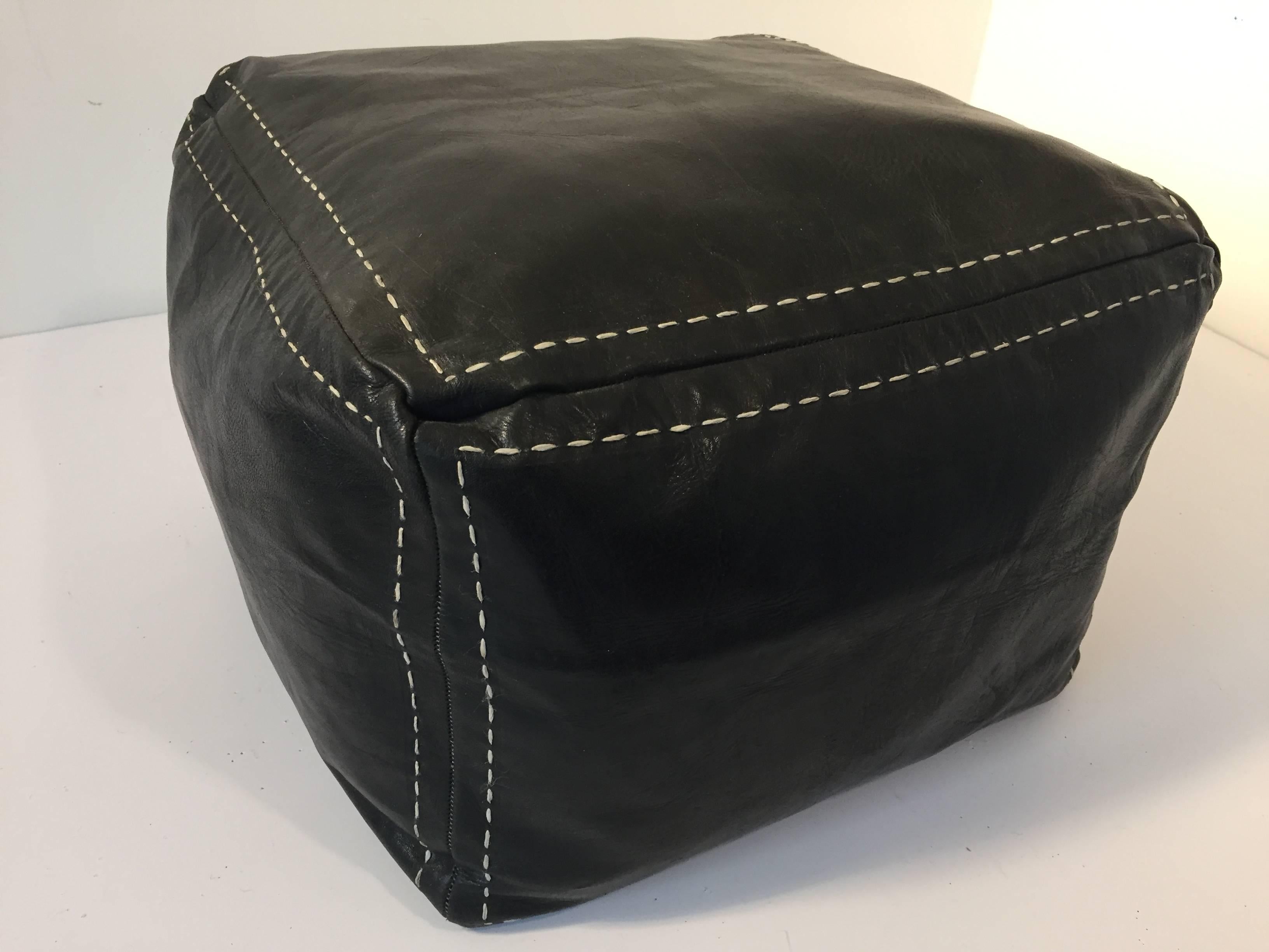 20th Century Moroccan Black Leather Square Pouf Hand Tooled in Morocco