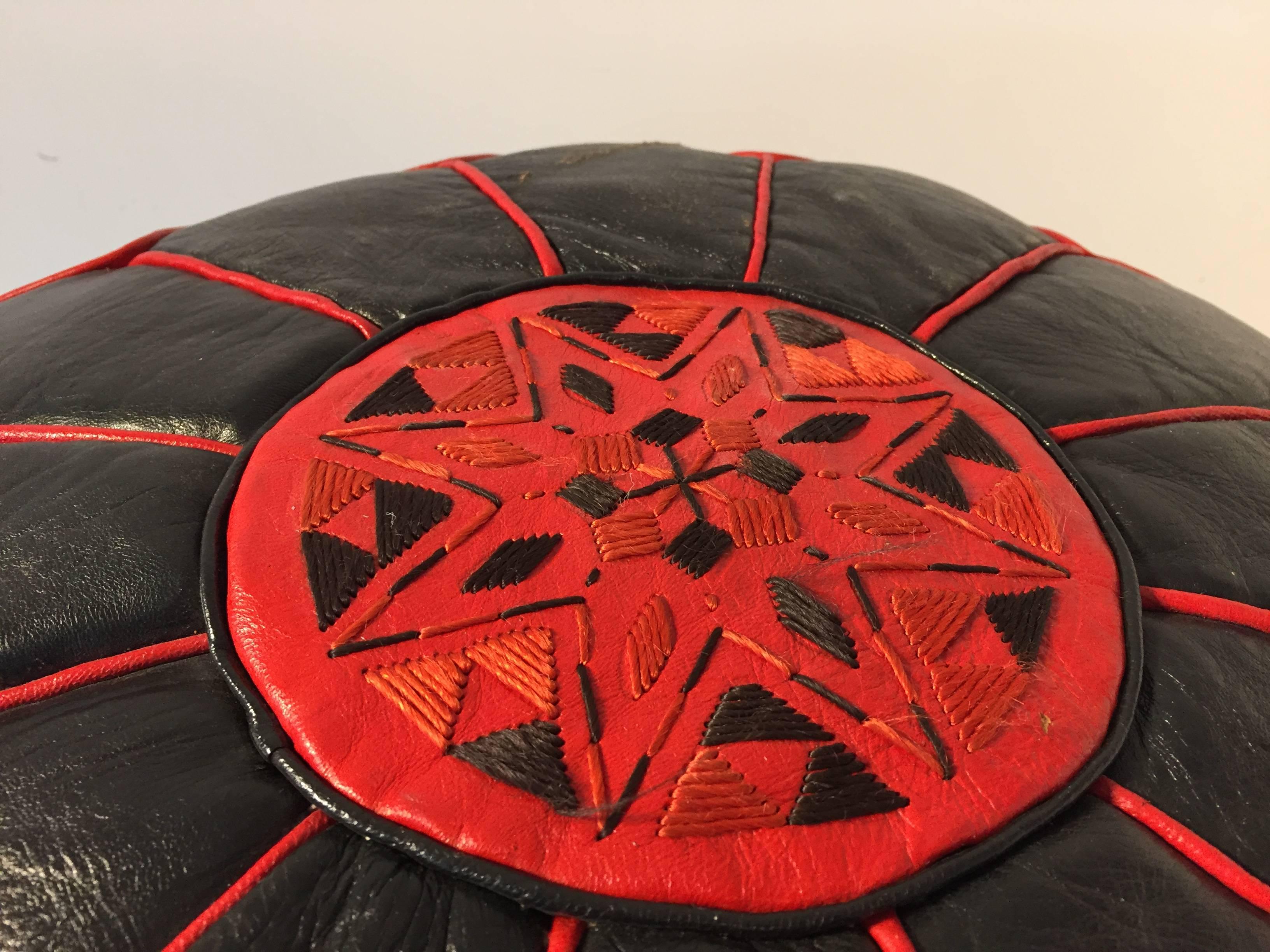 Hand-Crafted Moroccan Vintage Round Leather Pouf Red and Black