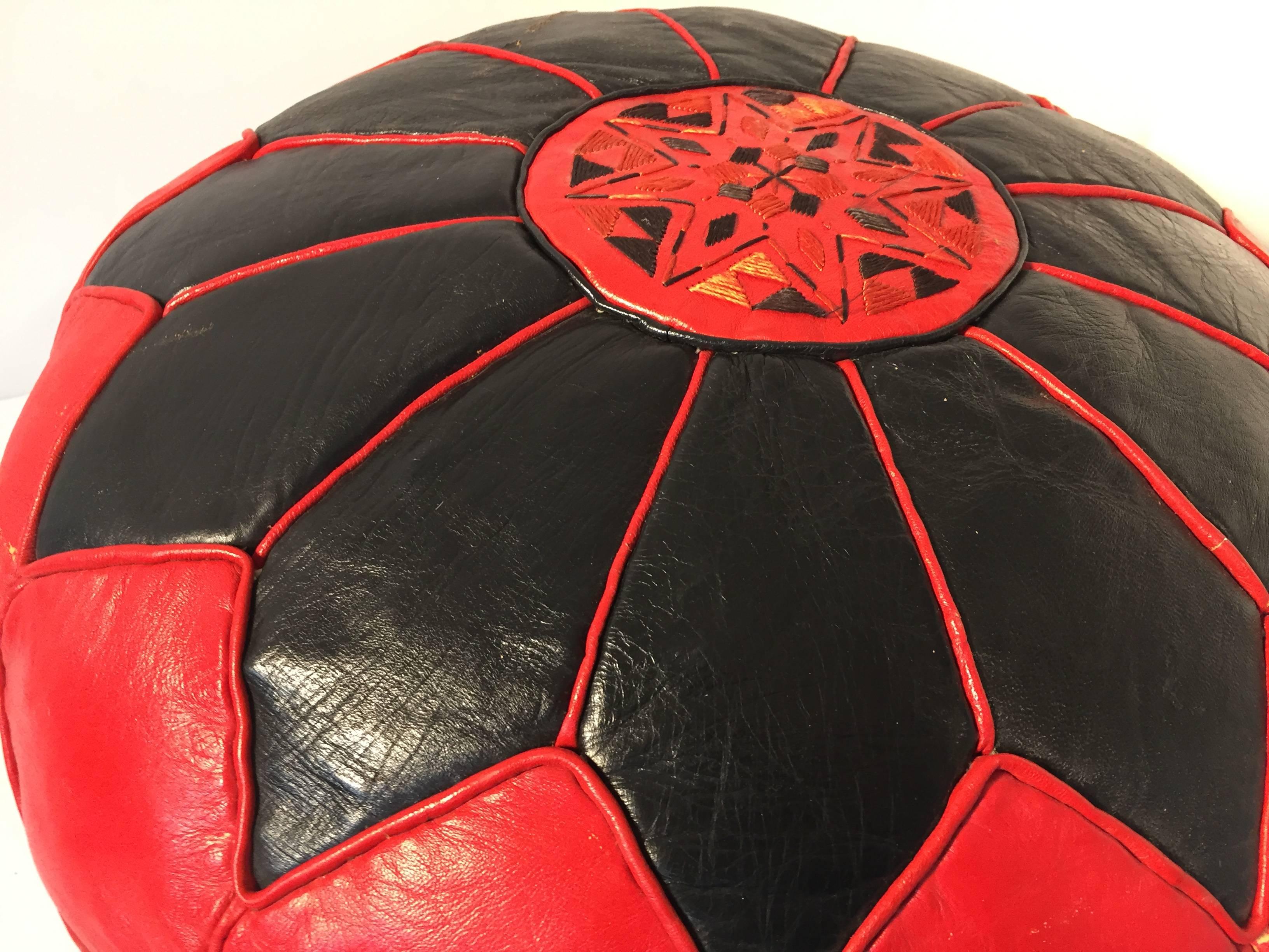 20th Century Moroccan Vintage Round Leather Pouf Red and Black