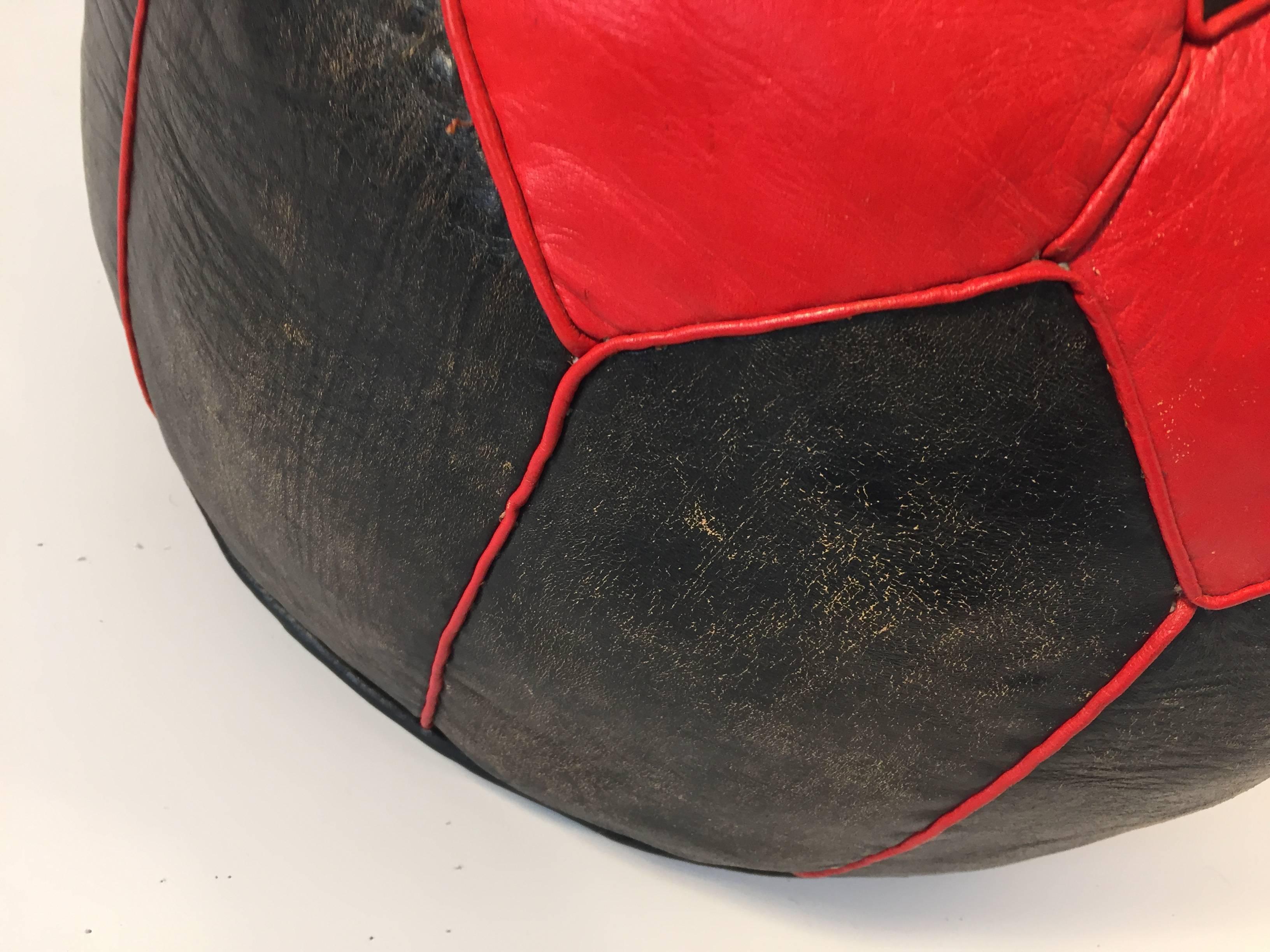 Moroccan Vintage Round Leather Pouf Red and Black 1