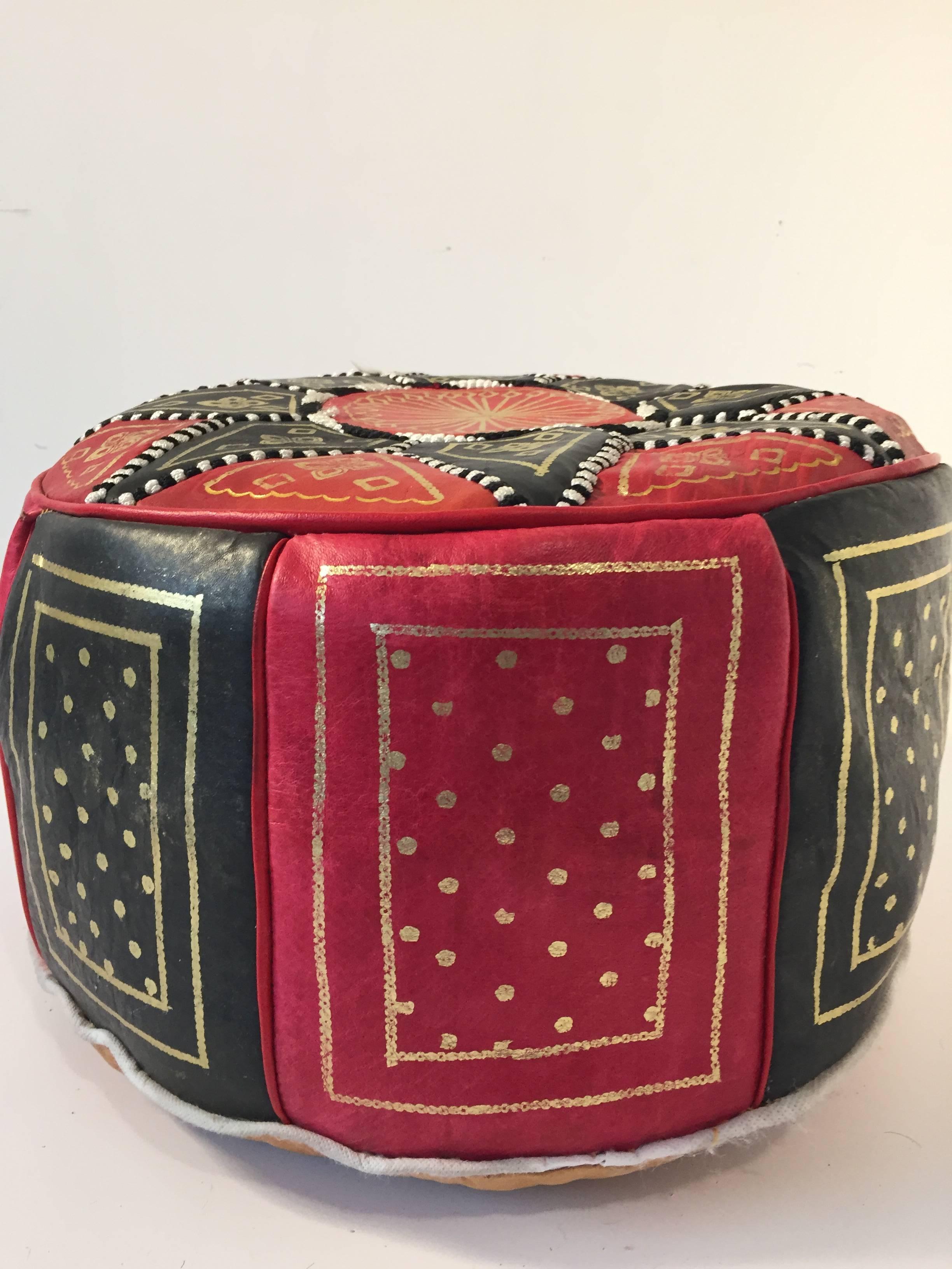 Moorish Moroccan Round Pouf Hand-Tooled and Embroidered in Fez Morocco