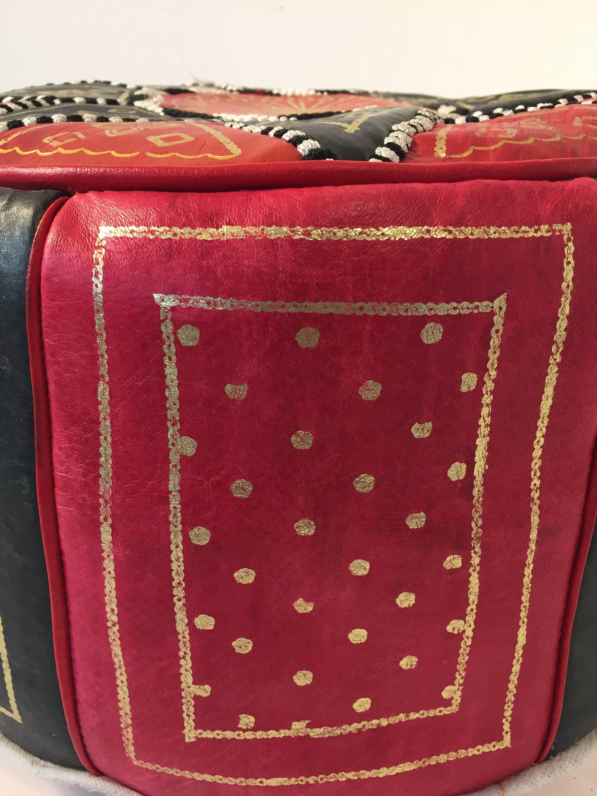 Hand-Crafted Moroccan Round Pouf Hand-Tooled and Embroidered in Fez Morocco