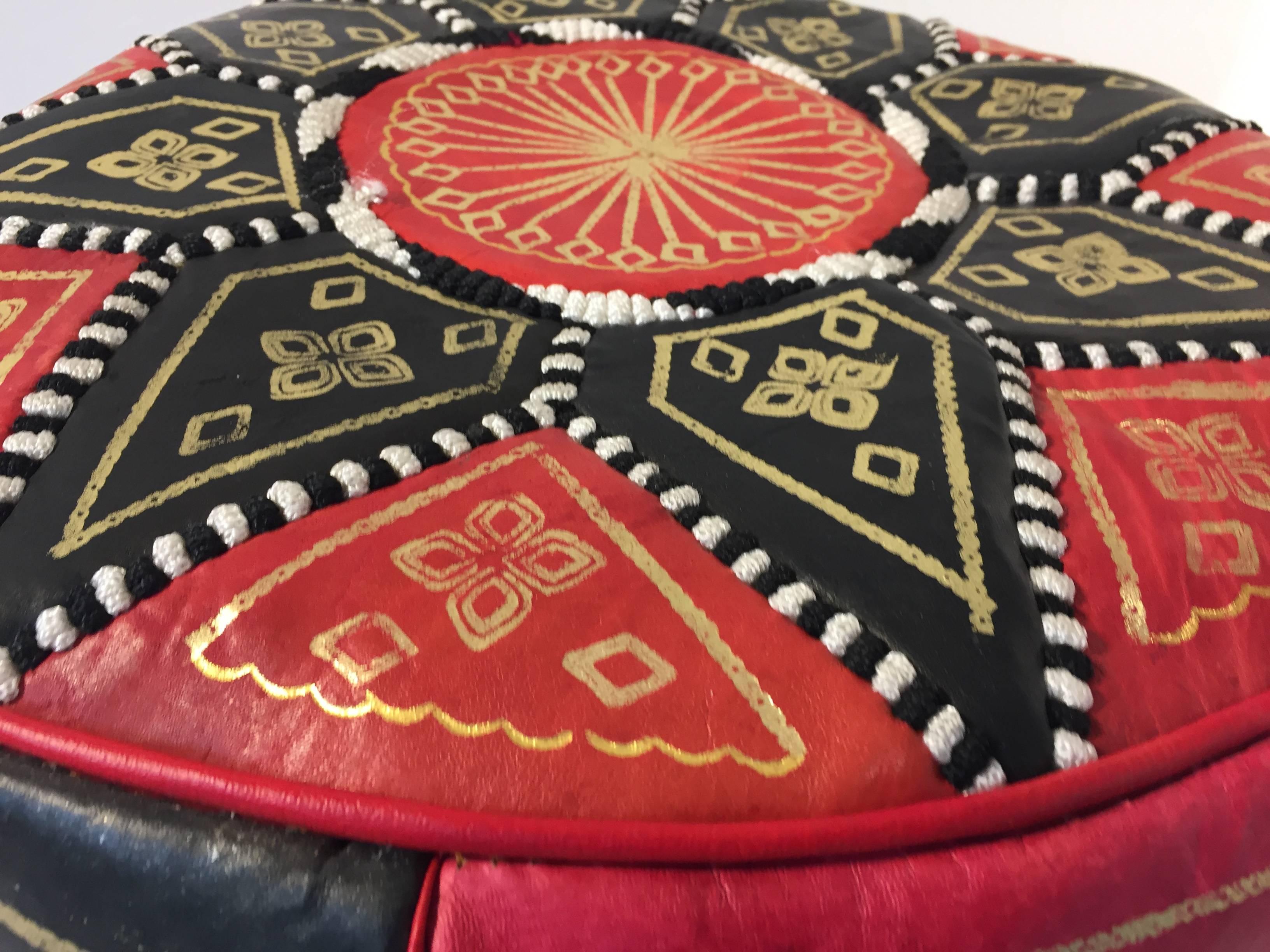 Moroccan Round Pouf Hand-Tooled and Embroidered in Fez Morocco In Good Condition In North Hollywood, CA