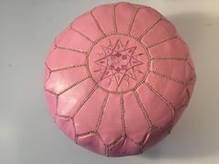 Moroccan Hand Tooled Leather Pouf in Baby Pink Color