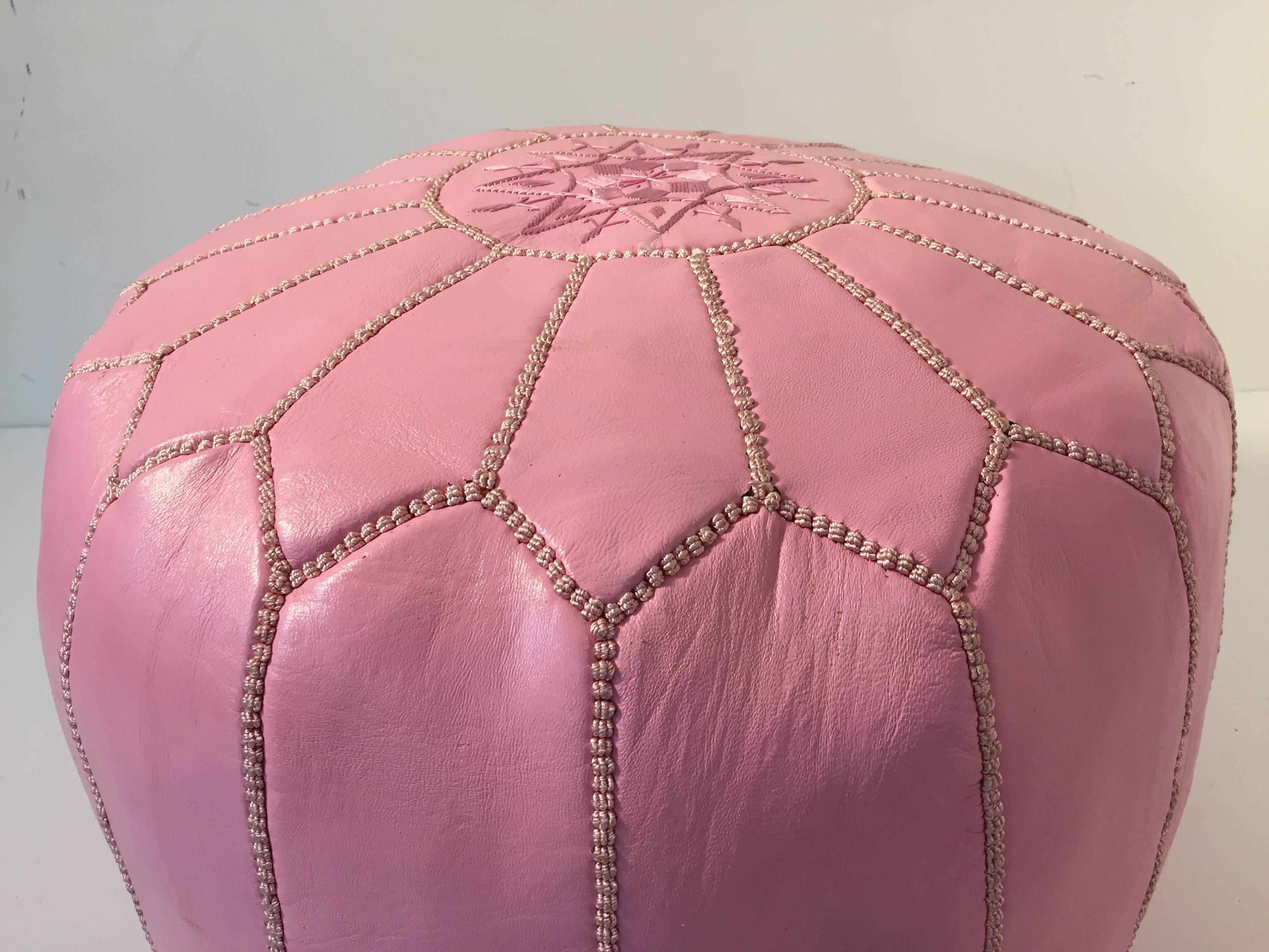 Moorish Moroccan Hand Tooled Leather Pouf in Baby Pink Color For Sale