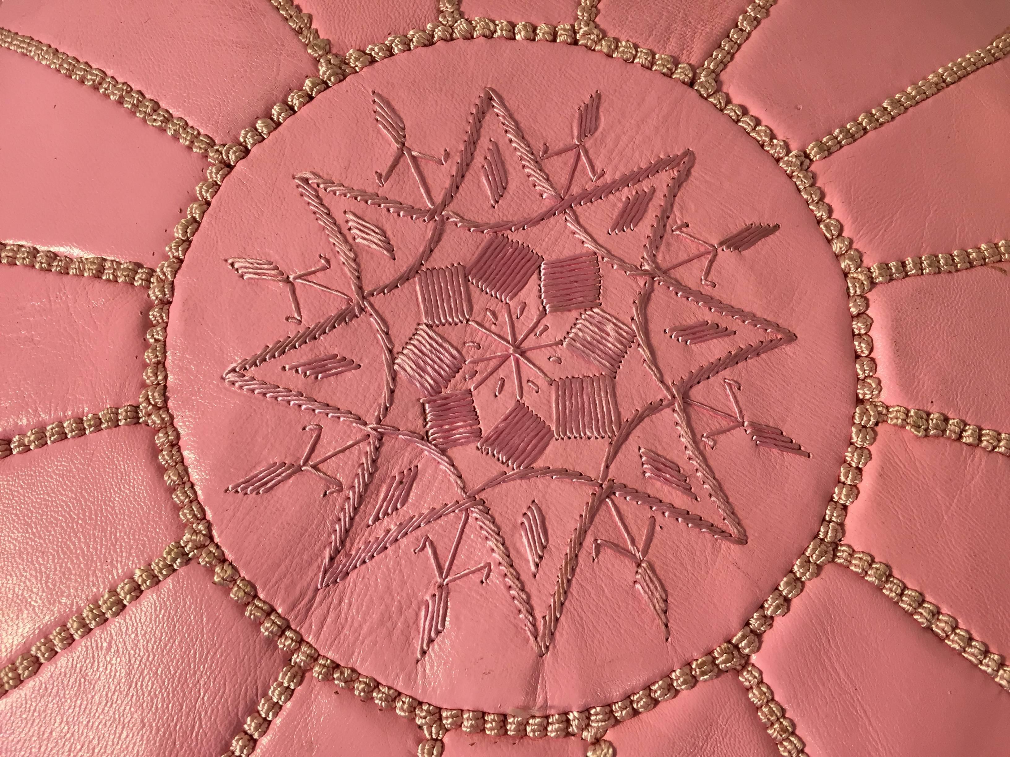 Moroccan Hand Tooled Leather Pouf in Baby Pink Color In Good Condition For Sale In North Hollywood, CA