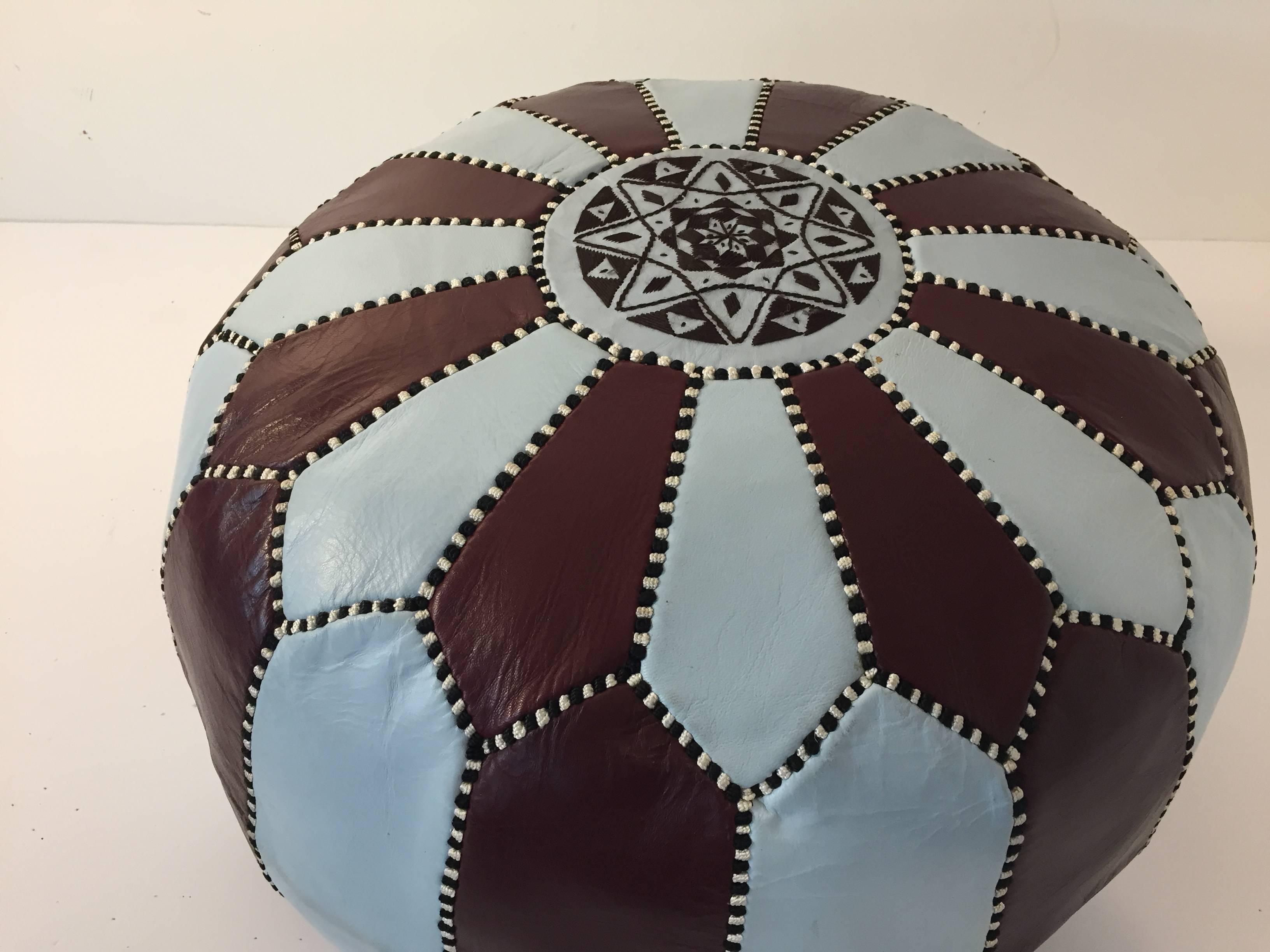 Folk Art Vintage Moroccan Round Leather Pouf Brown and Blue Embroidered