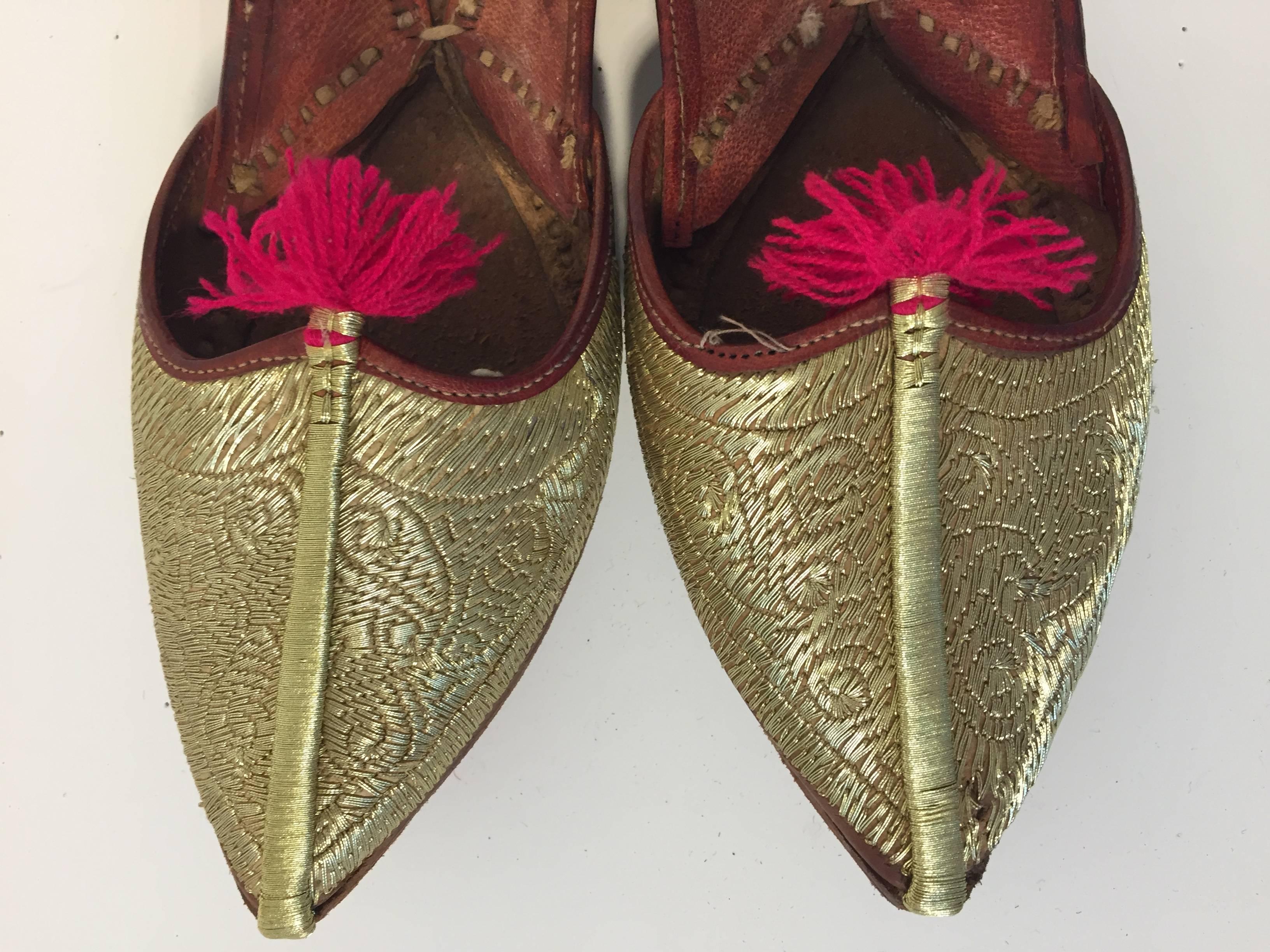 20th Century Handcrafted Moorish Leather Turkish Gold Embroidered Shoes