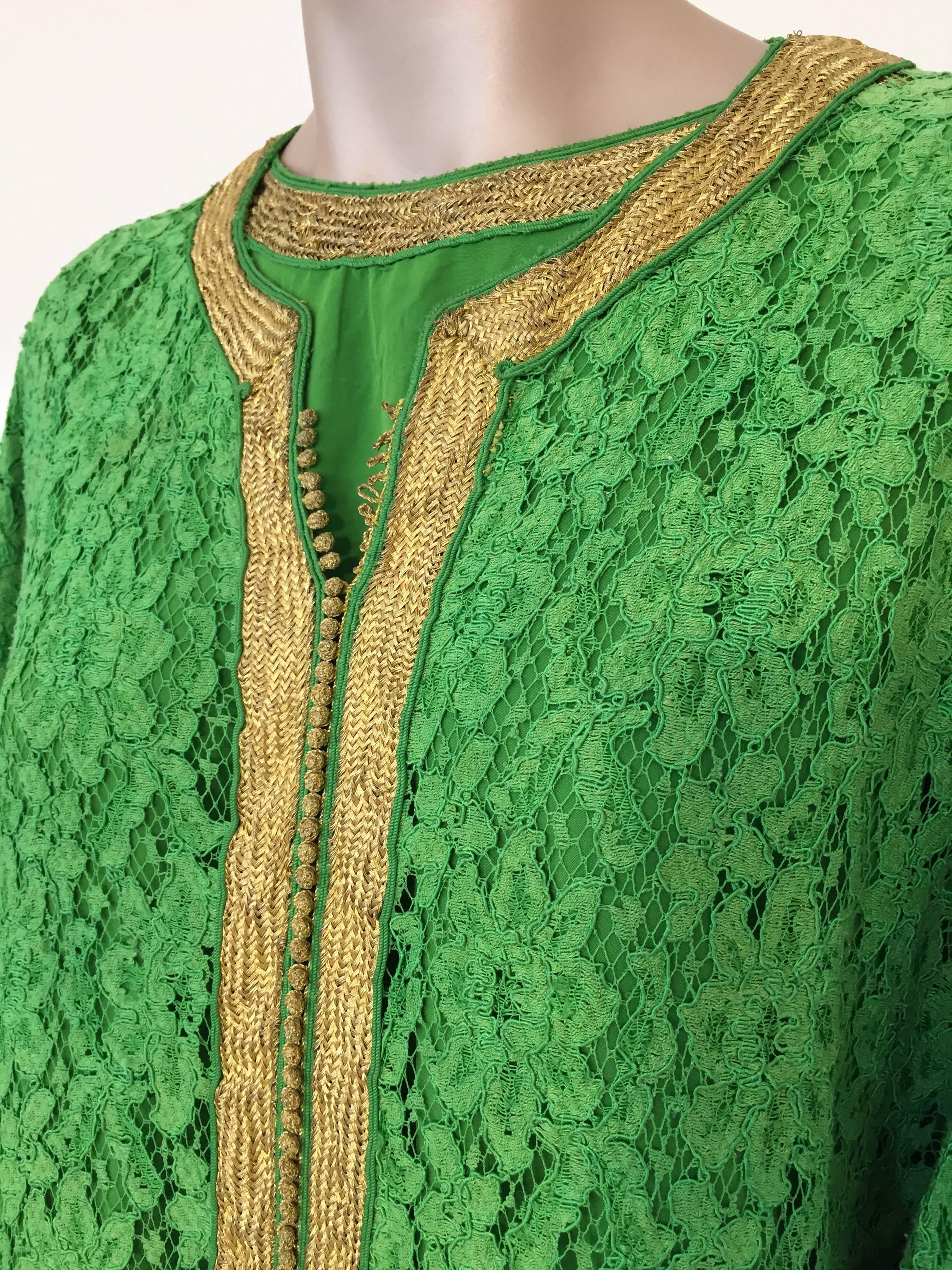 Moorish Moroccan Emerald Green Lace and Gold Trim Caftan Set