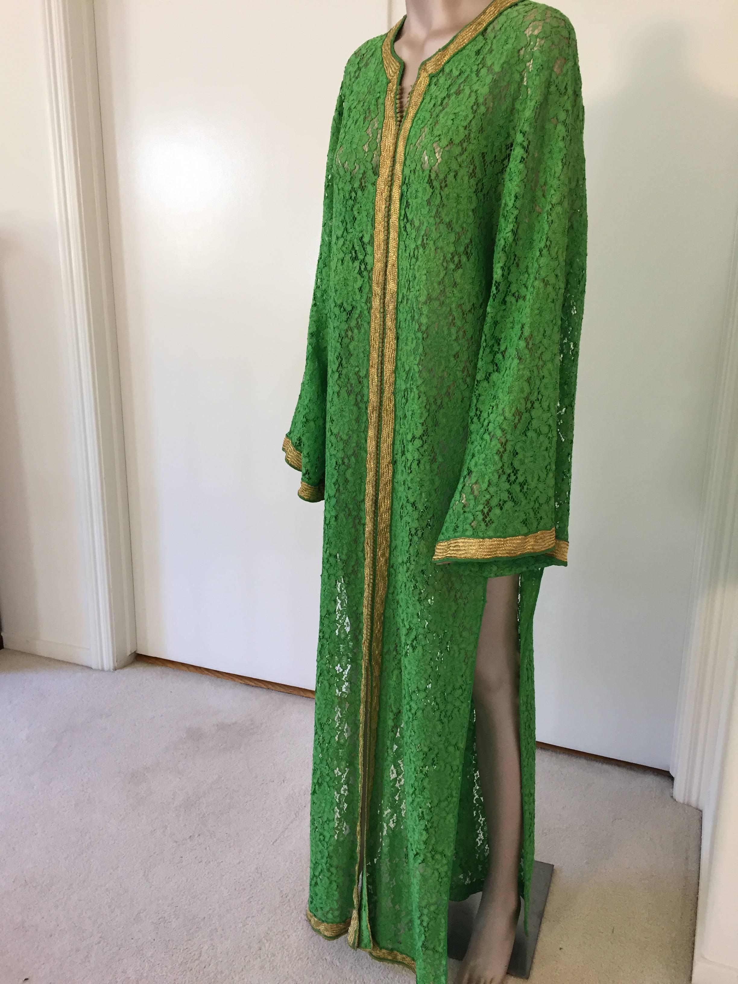 Moroccan Emerald Green Lace and Gold Trim Caftan Set 3