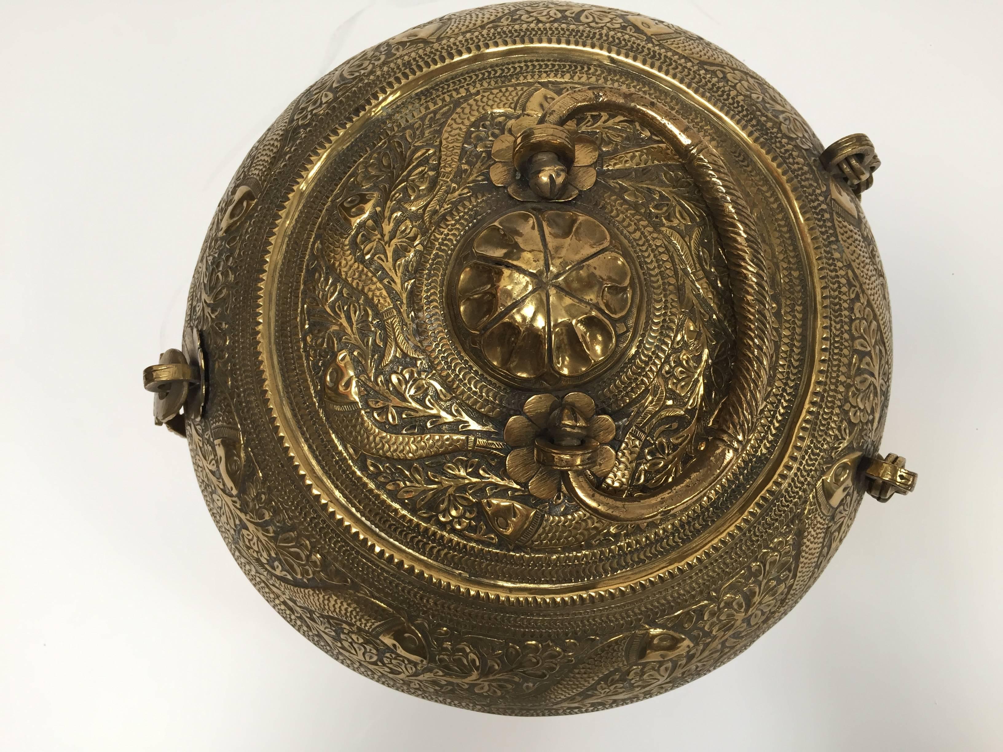 Indian Decorative Large Round Brass Box Caddy 19th C, North India For Sale