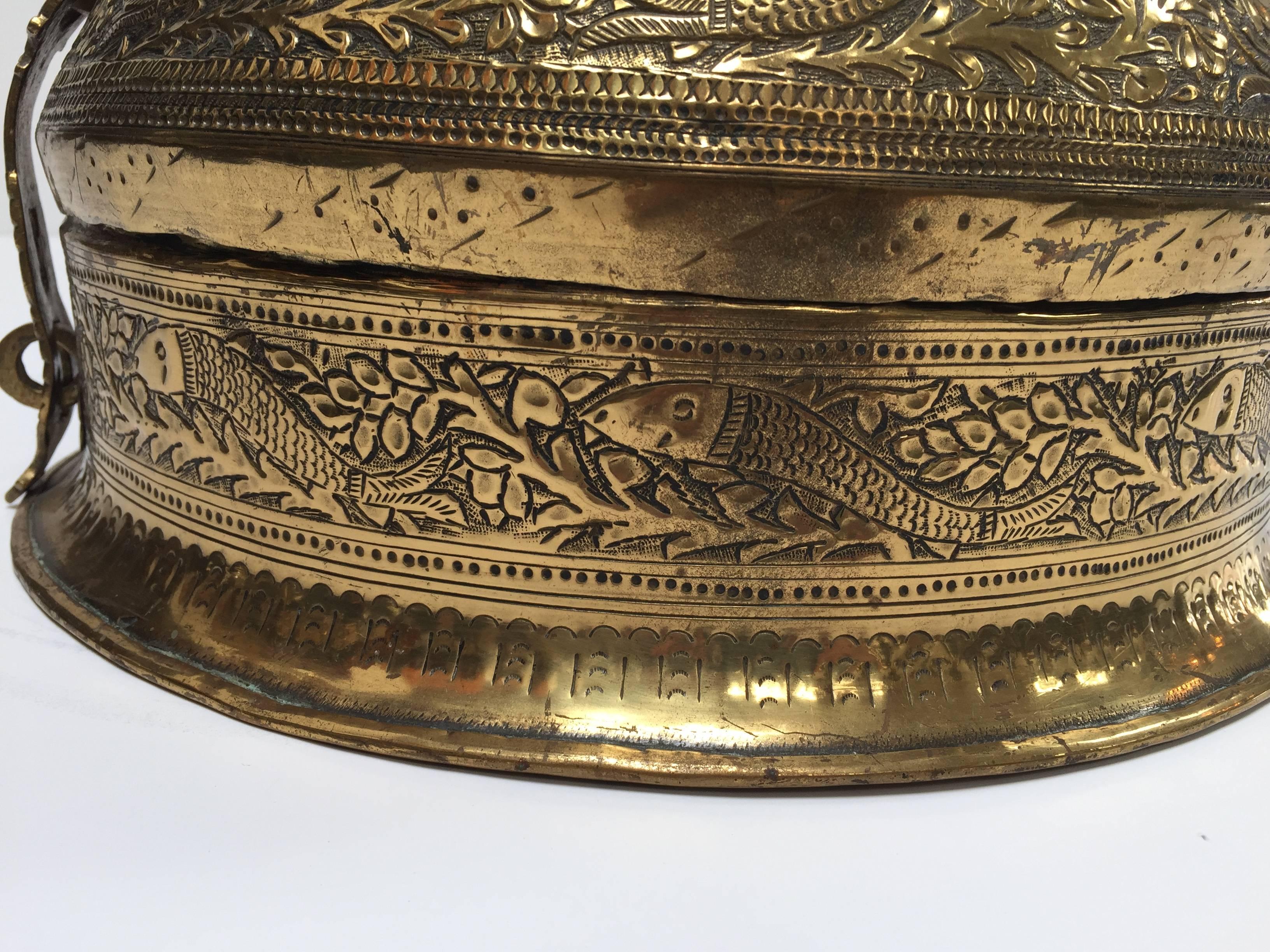 19th Century Decorative Large Round Brass Box Caddy 19th C, North India For Sale