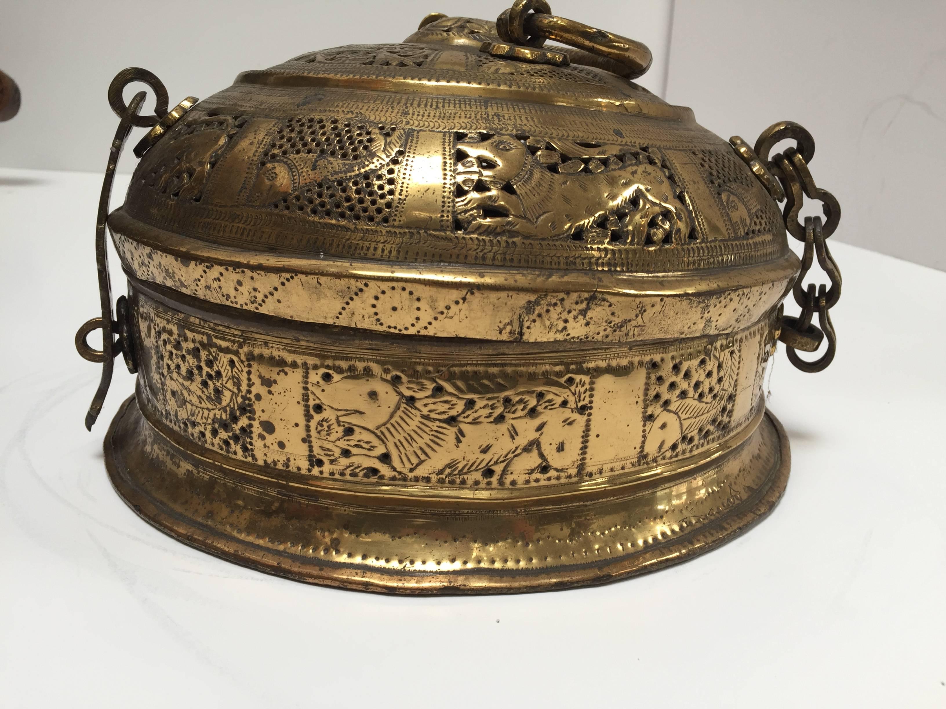 Agra Anglo Indian Large Round Decorative Brass Box with Lid