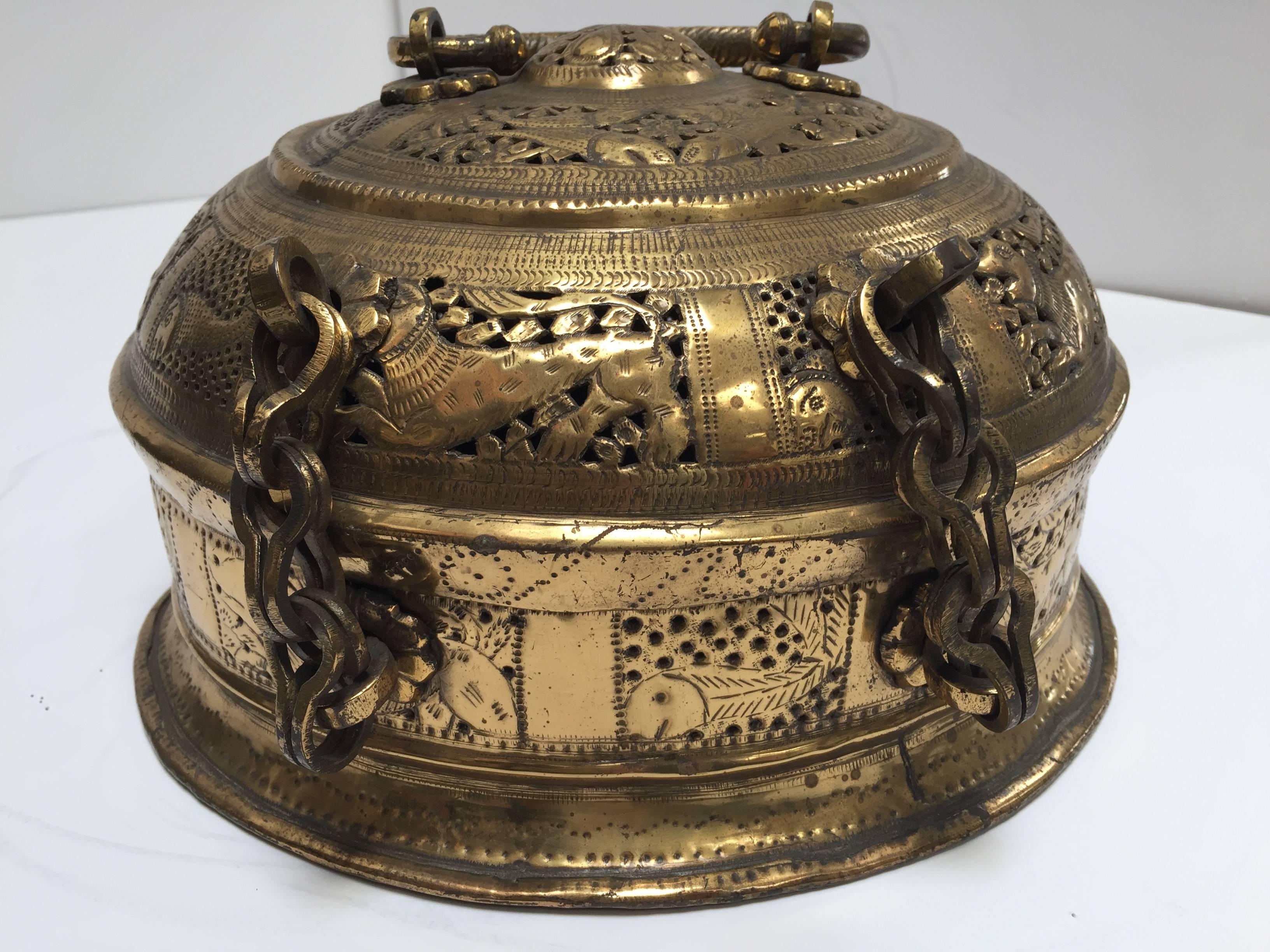 Hammered Anglo Indian Large Round Decorative Brass Box with Lid