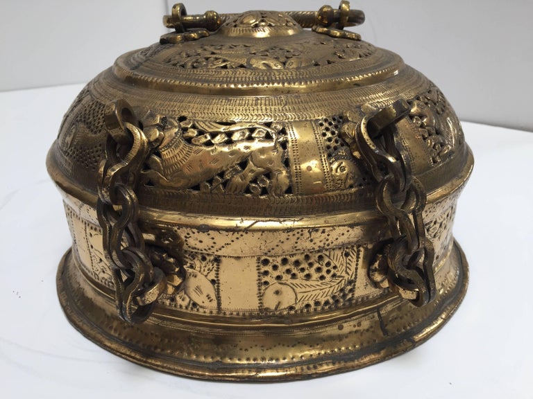 Anglo Indian Large Round Decorative Brass Box with Lid at 1stDibs