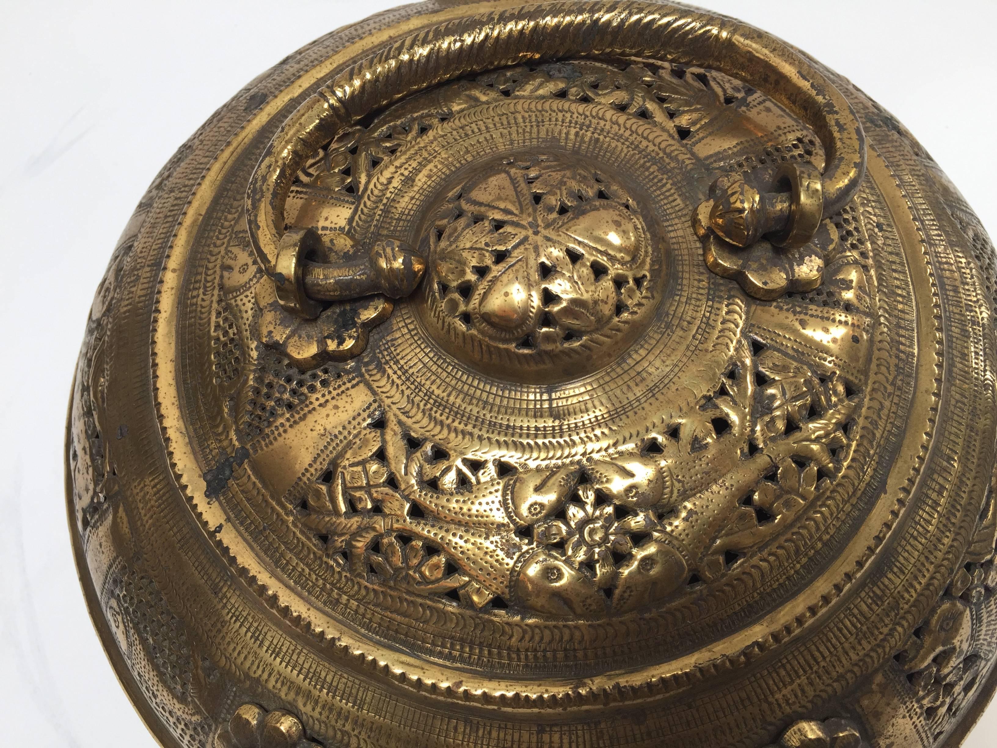 20th Century Anglo Indian Large Round Decorative Brass Box with Lid