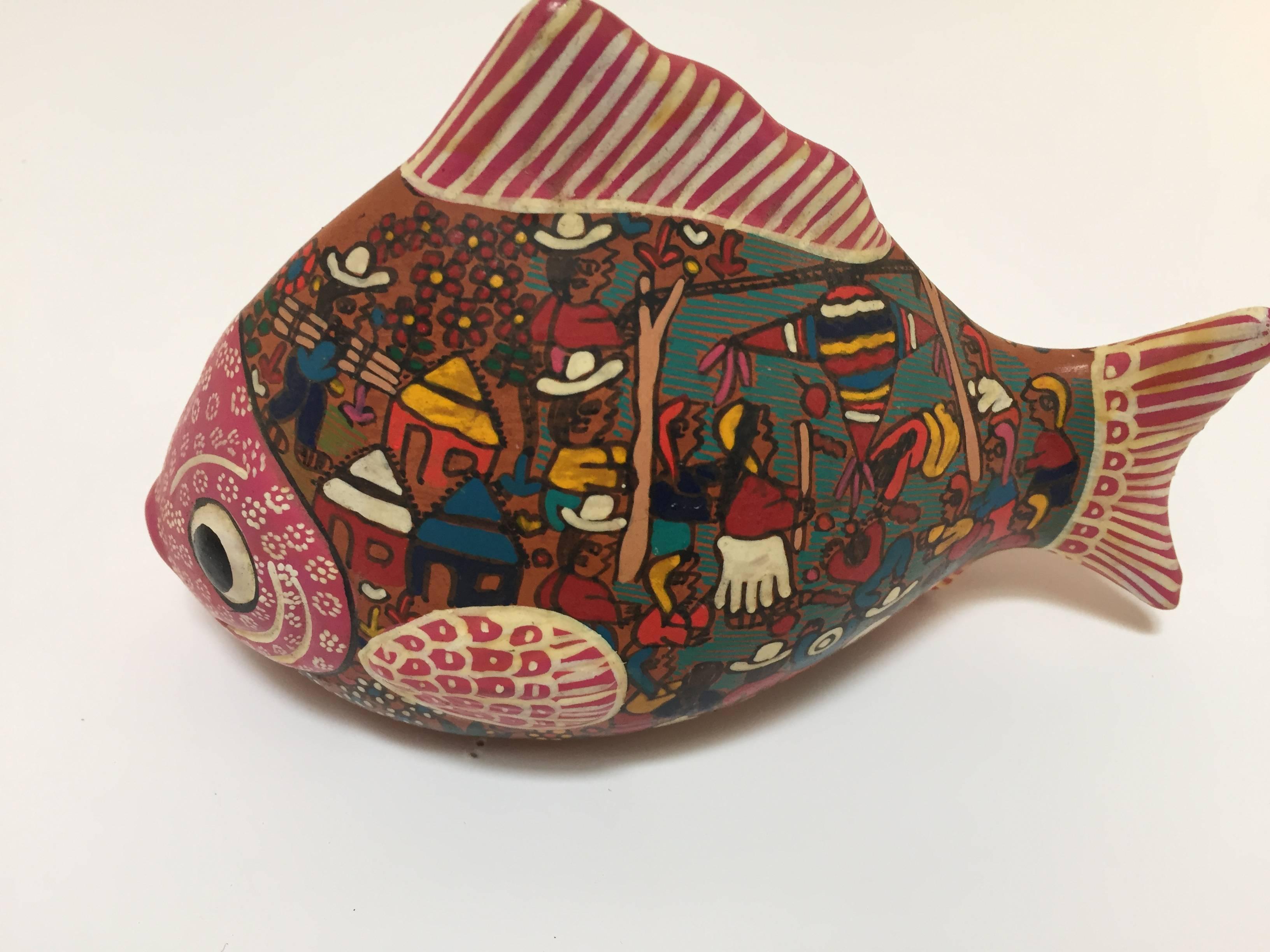 Hand-Crafted Mexican Hand-Painted Colorful Pottery Bird and Fish