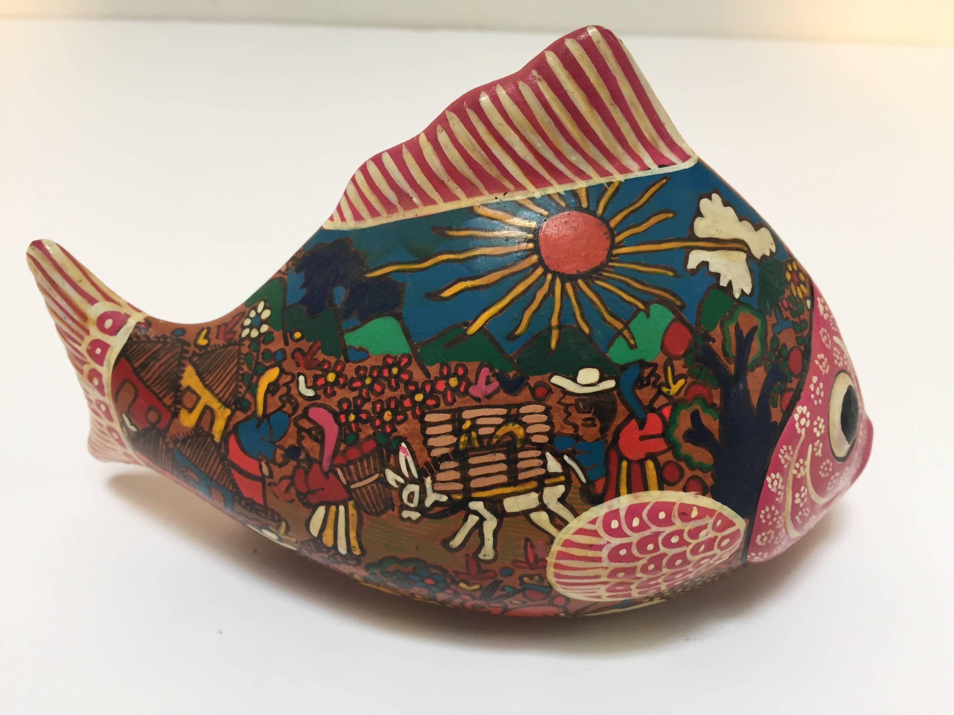 20th Century Mexican Hand-Painted Colorful Pottery Bird and Fish