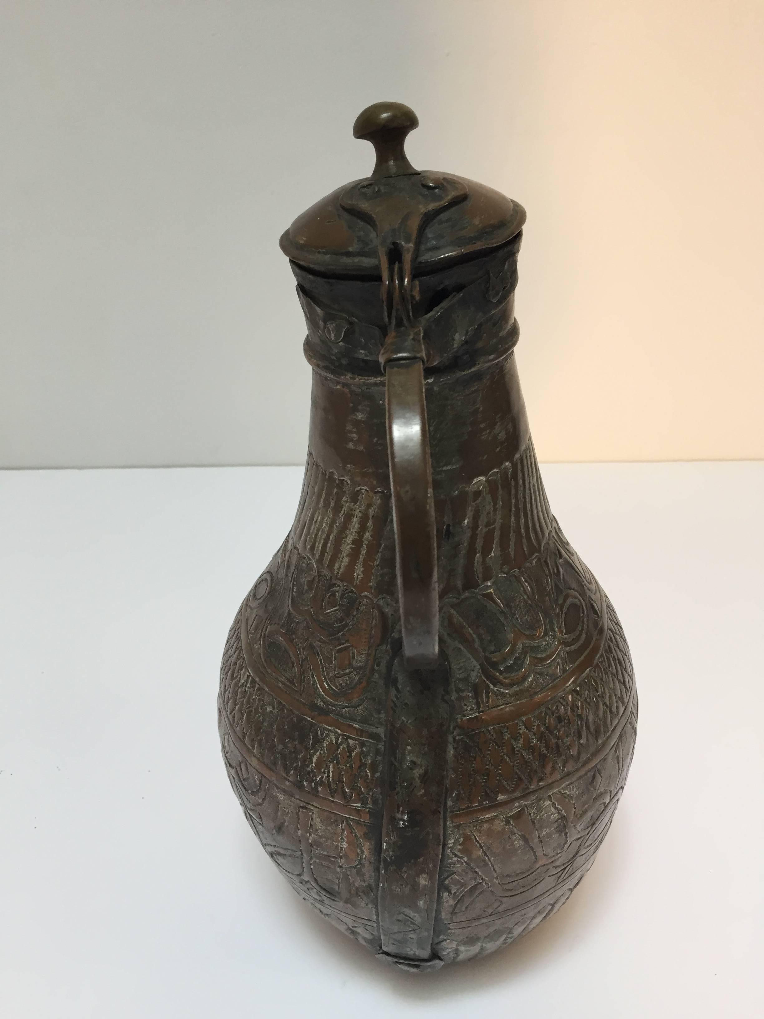 Hand-Crafted 19th Century Middle Eastern Tinned Copper Ewer For Sale