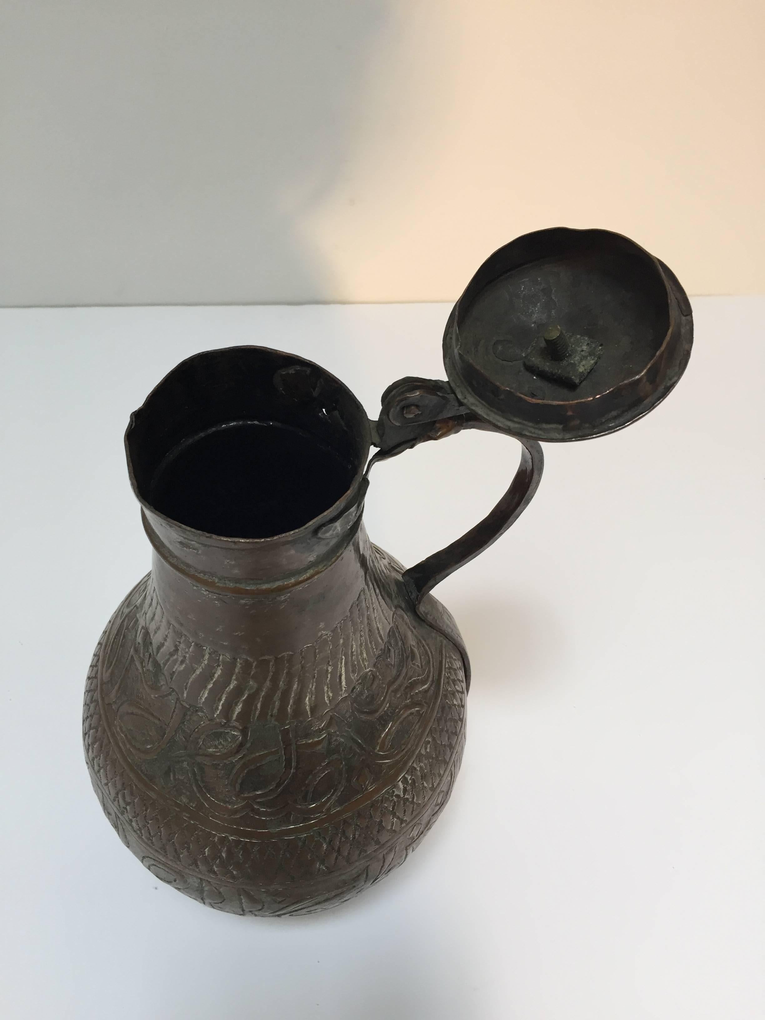 19th Century Middle Eastern Tinned Copper Ewer In Good Condition For Sale In North Hollywood, CA