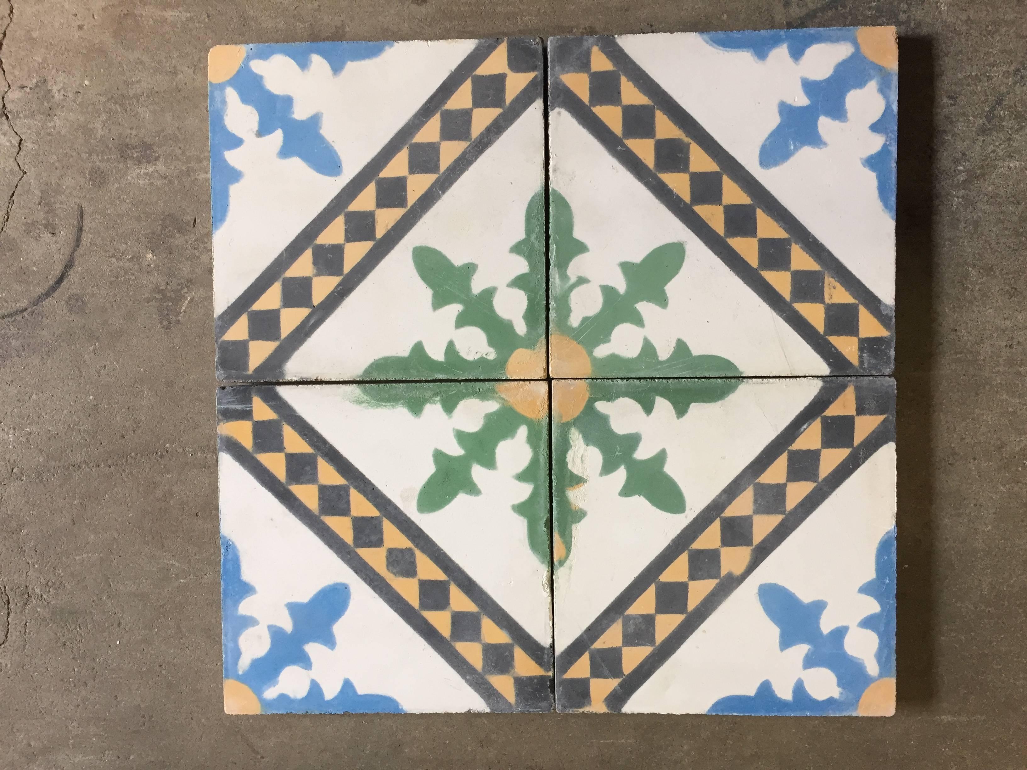 Moroccan handcrafted and hand-painted cement tile with traditional Fez design. These are authentic Moroccan encaustic tiles hand made by artisans in Fez, Morocco. This is the traditional Moroccan star design. 
These are handmade cement tiles many