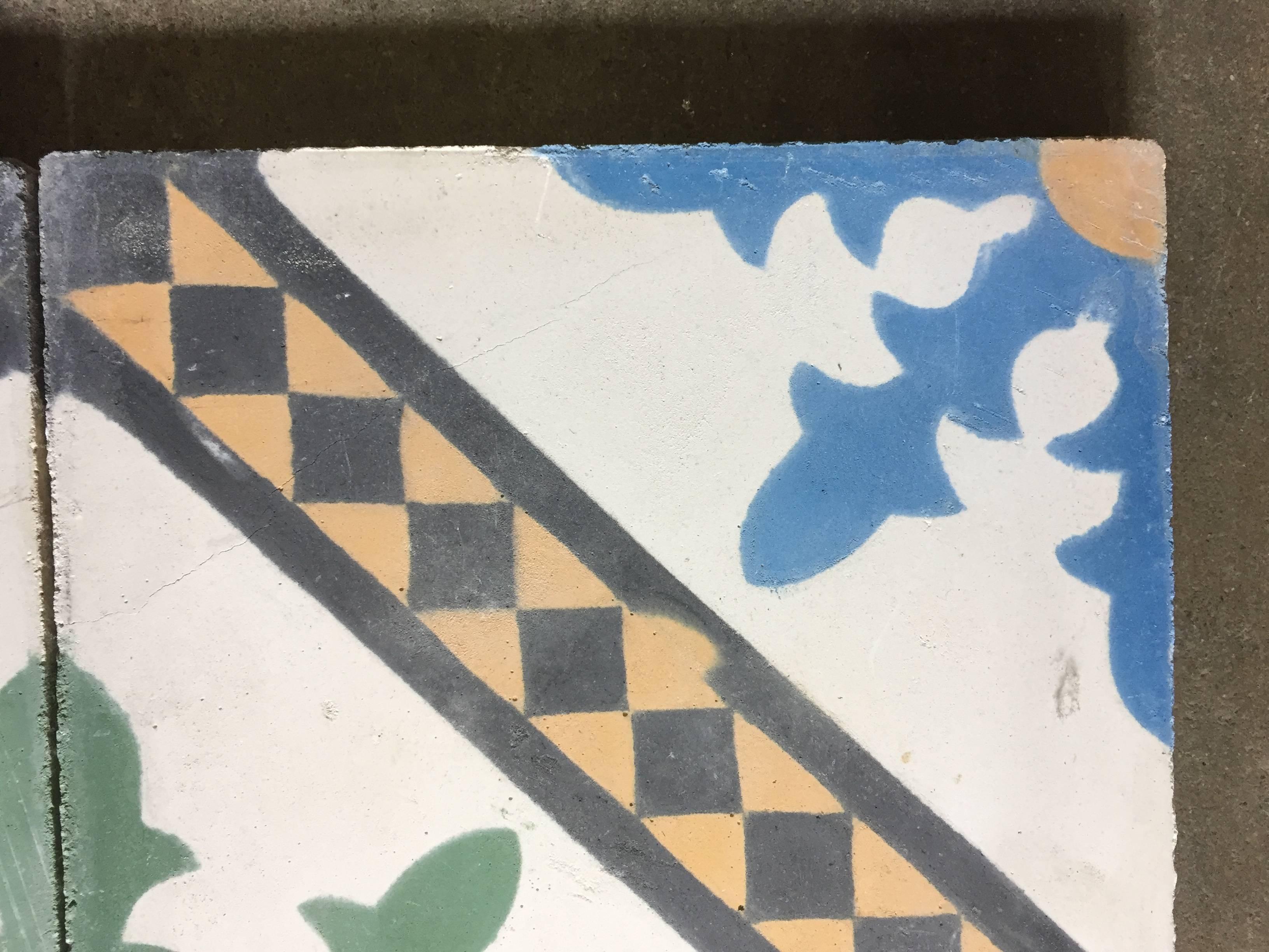 Moroccan Hand-Painted Cement Tile with Traditional Fez Design In Good Condition In North Hollywood, CA