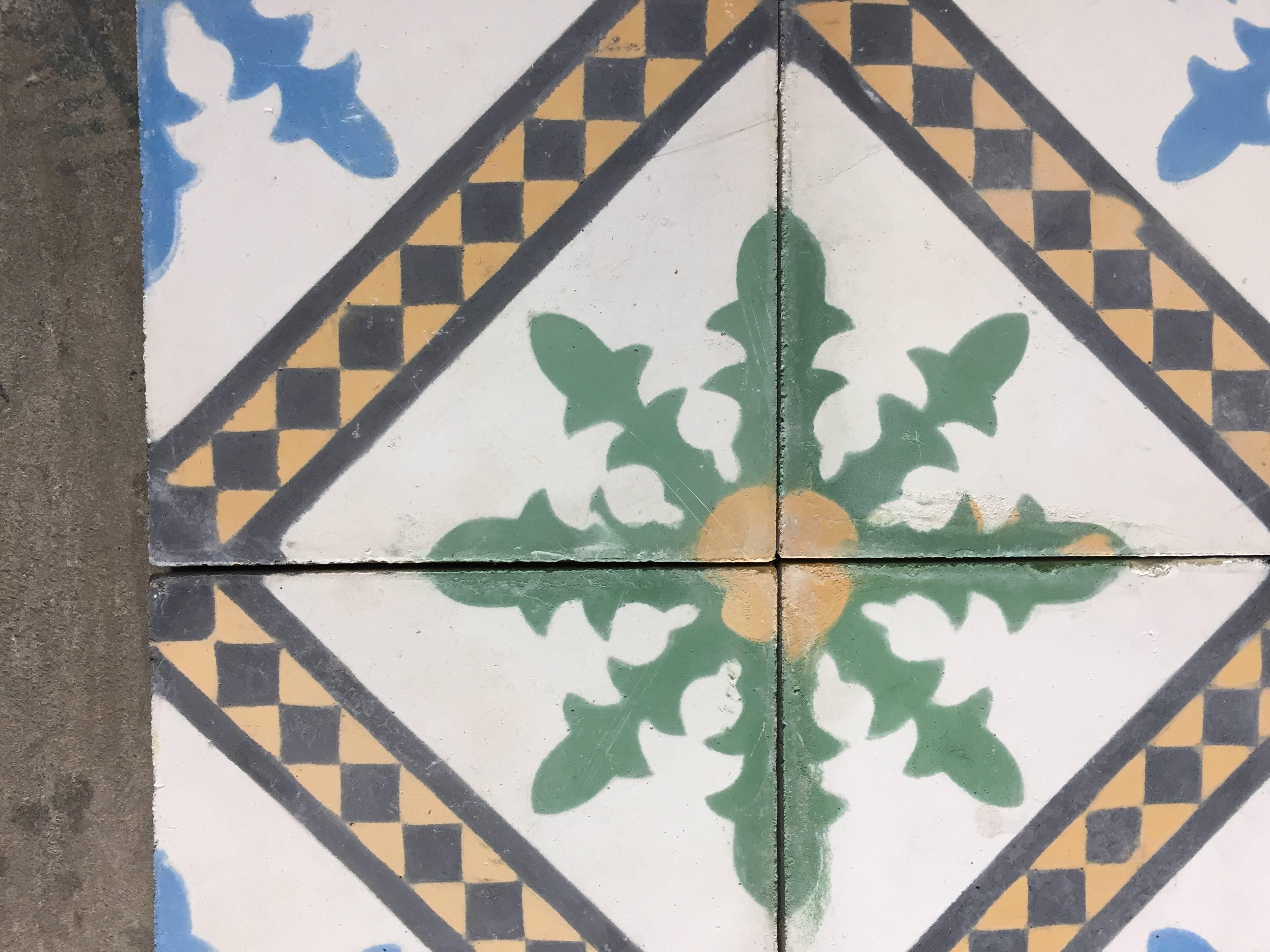 20th Century Moroccan Hand-Painted Cement Tile with Traditional Fez Design