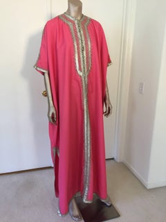 Moroccan Caftan Hot Pink Color Embroidered with Silver, Kaftan circa 1970
