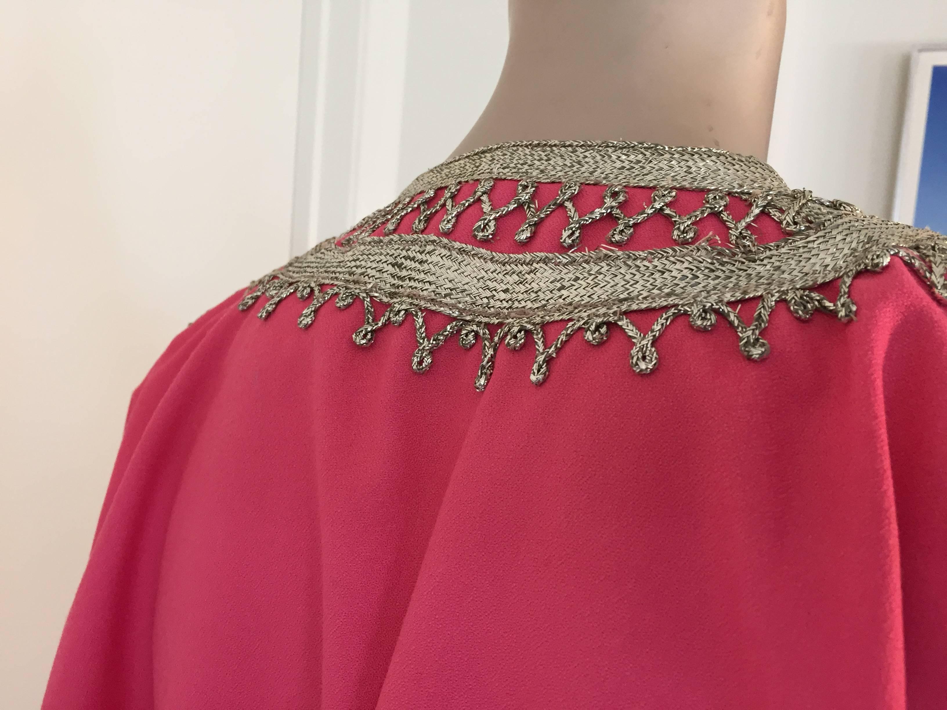 Fabric Moroccan Caftan Hot Pink Color Embroidered with Silver, Kaftan circa 1970 For Sale