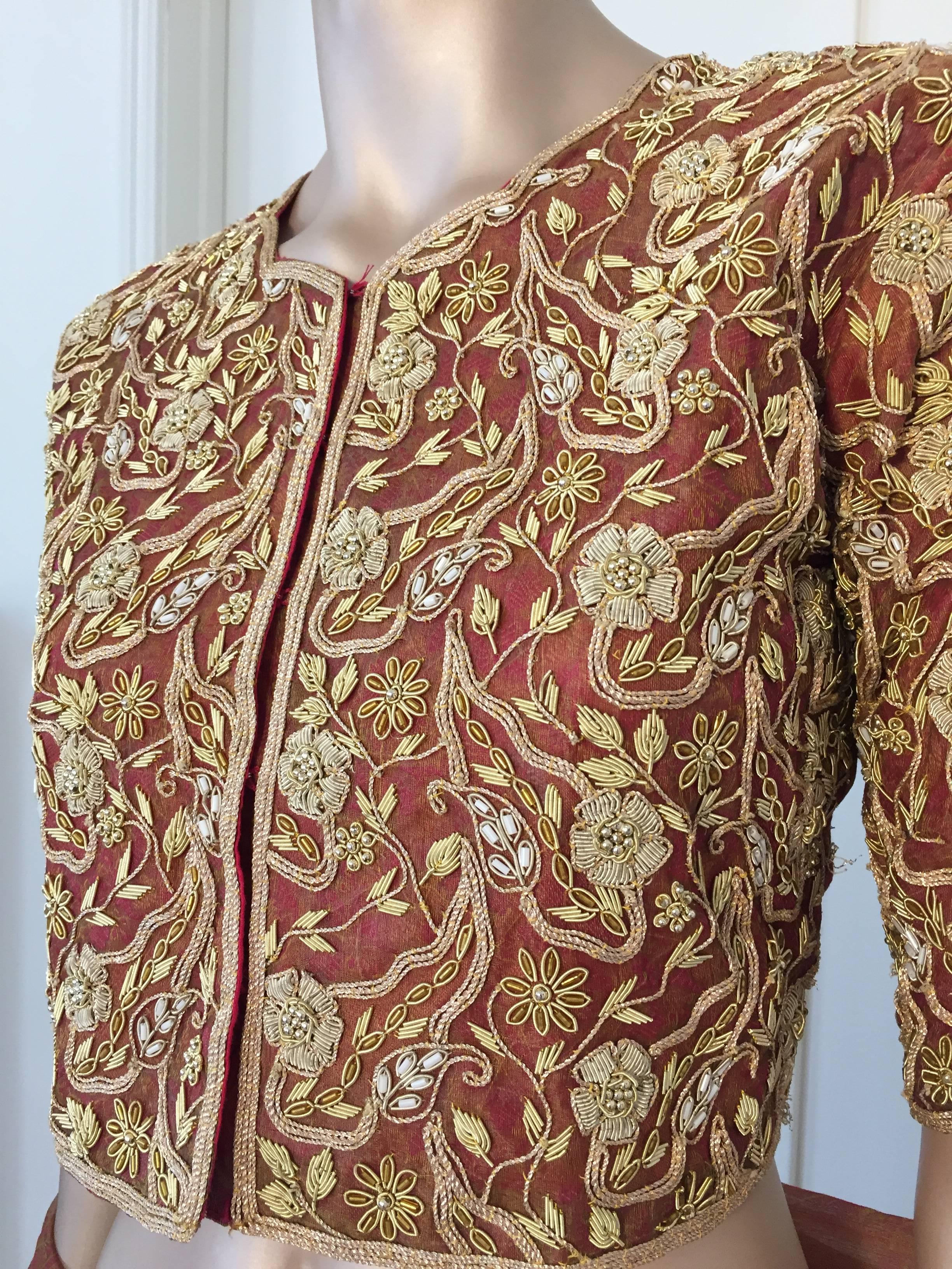 Appliqué Vintage Silk Sari Designer Beaded Embroidered Gown India For Sale