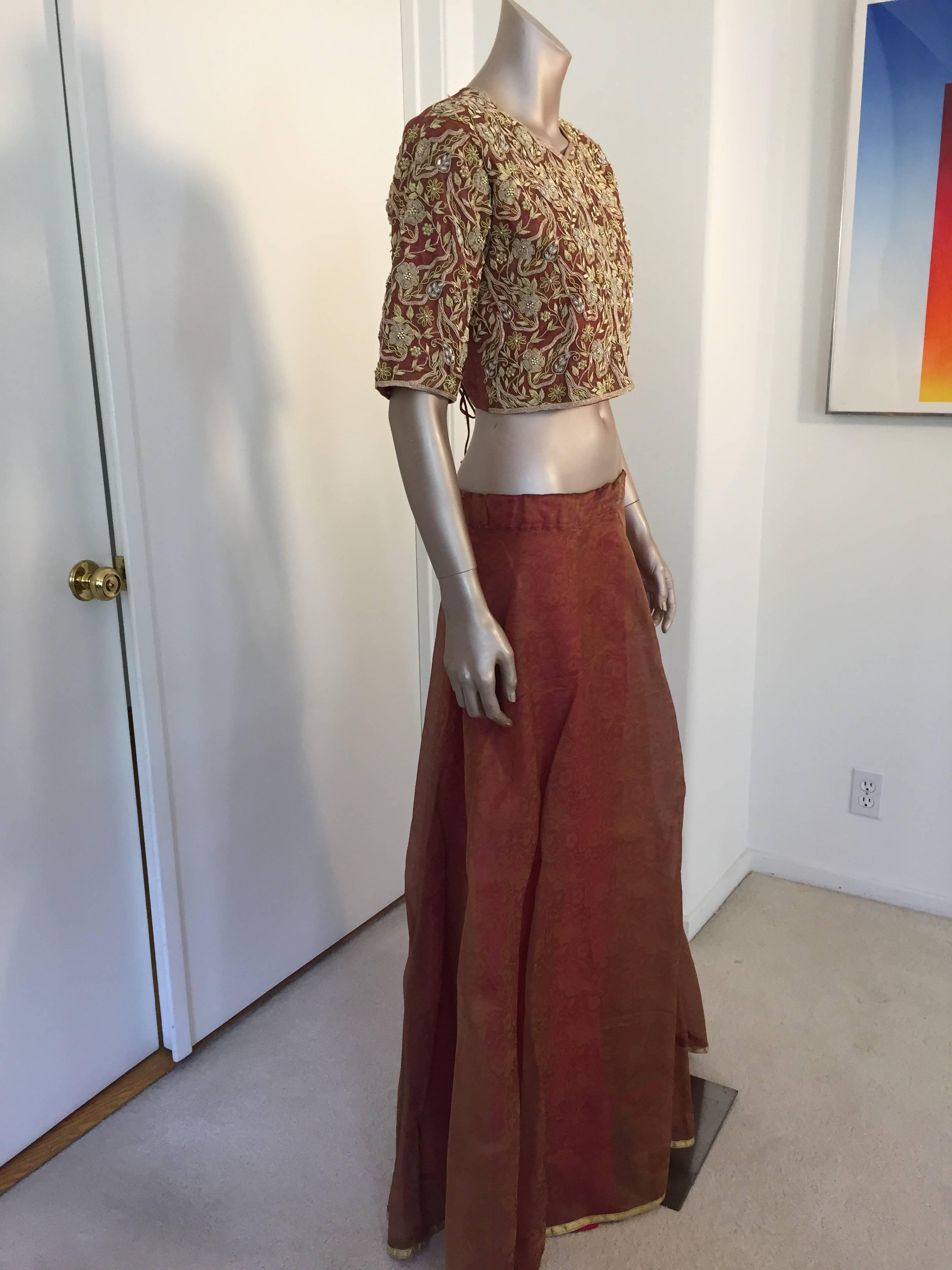 Vintage Silk Sari Designer Beaded Embroidered Gown India For Sale 2