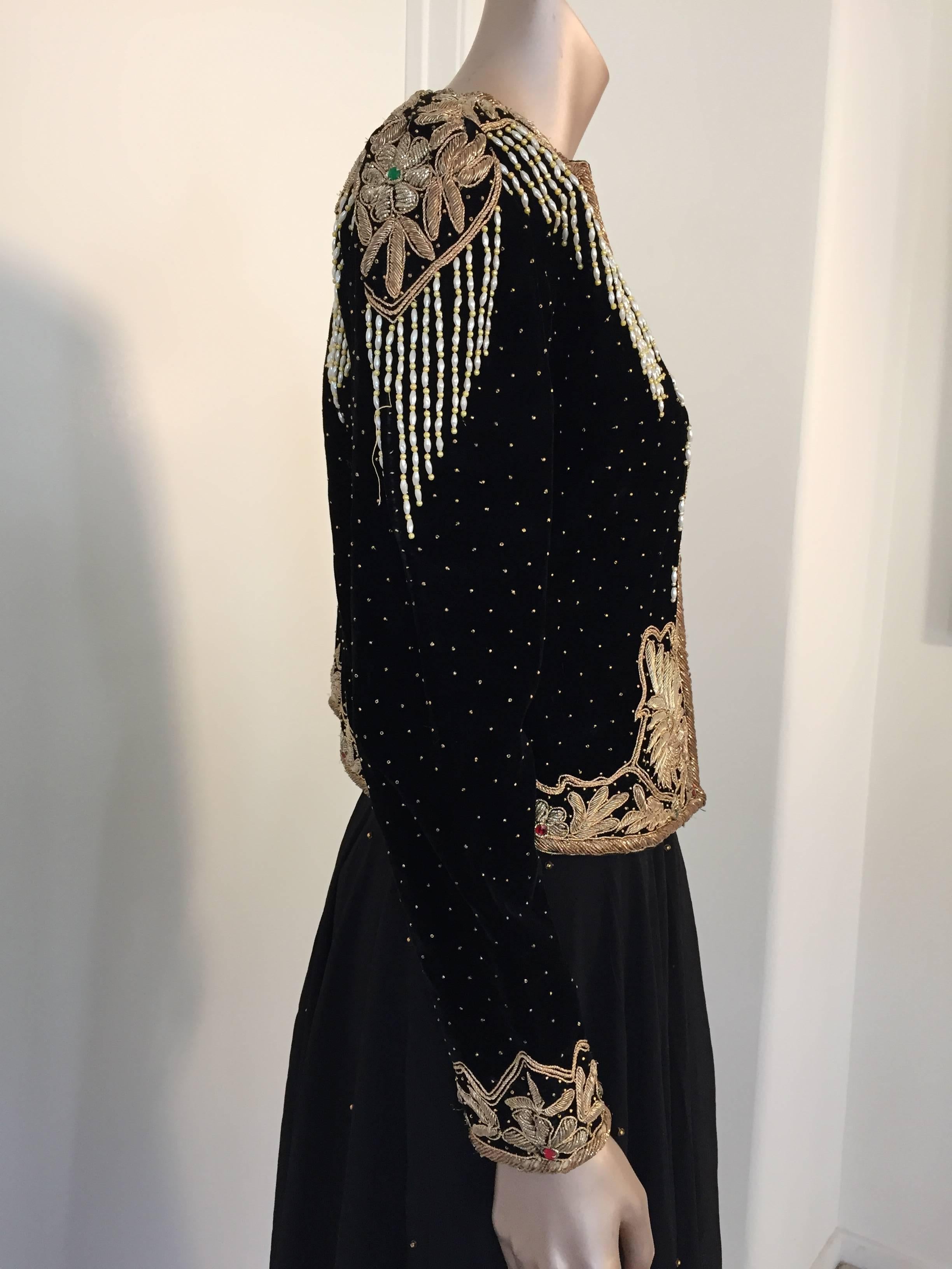 Silk Vintage Embroidered Velvet Evening Two Pieces Gown Vest Skirt and Shawl For Sale