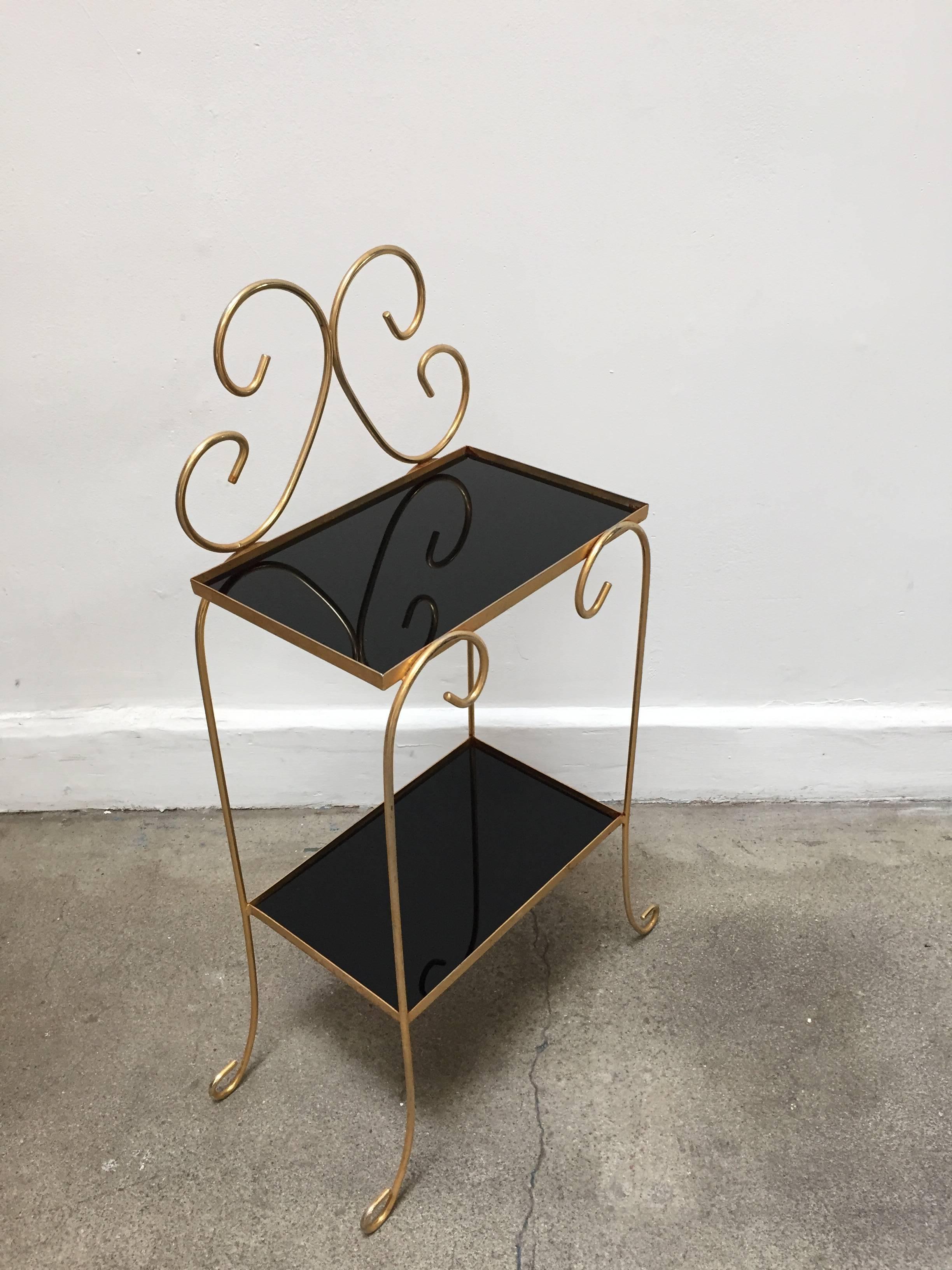 French Gilt Metal Side Table with Two-Tier Black Glass Shelves In Good Condition In North Hollywood, CA