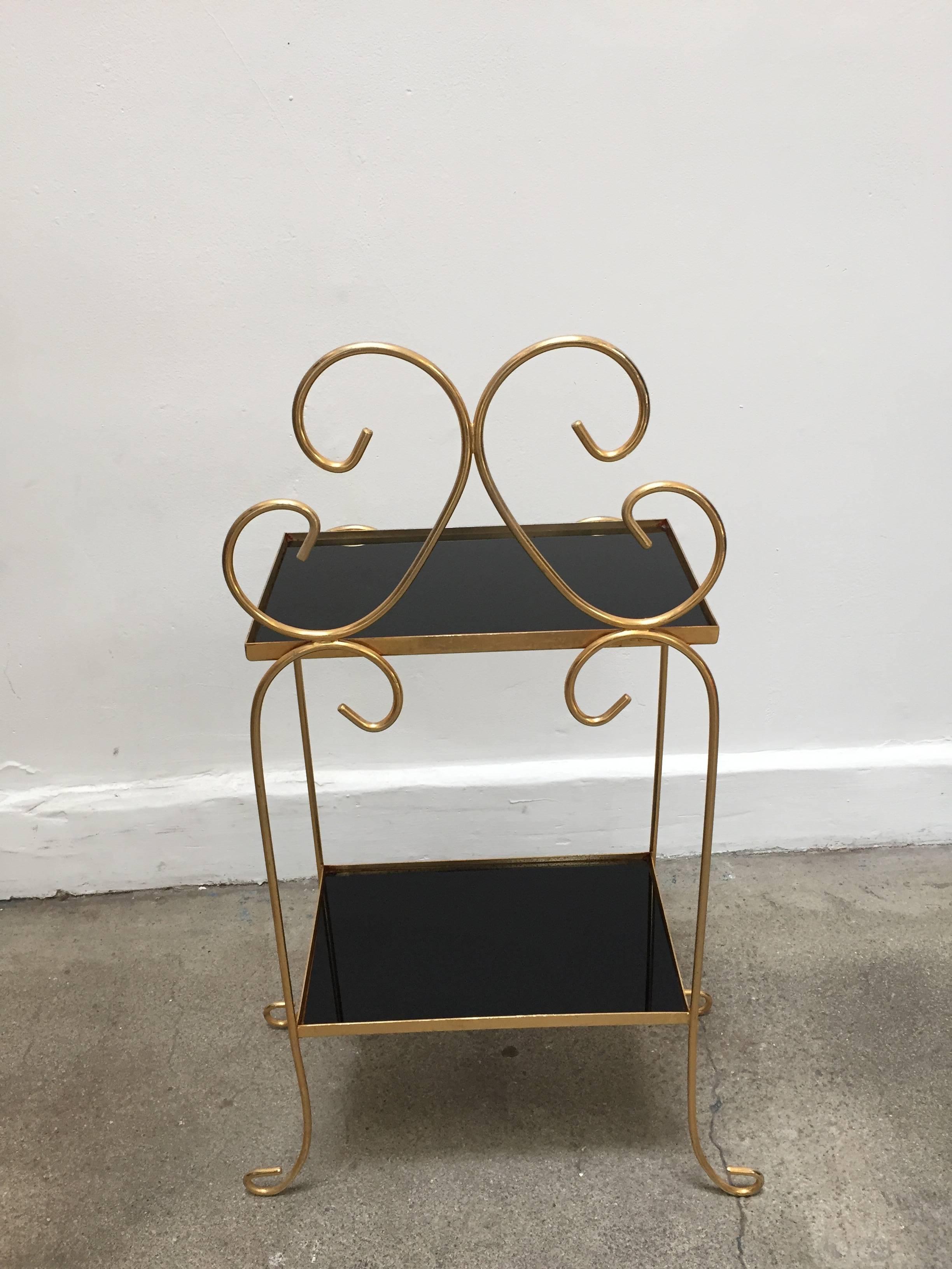 20th Century French Gilt Metal Side Table with Two-Tier Black Glass Shelves