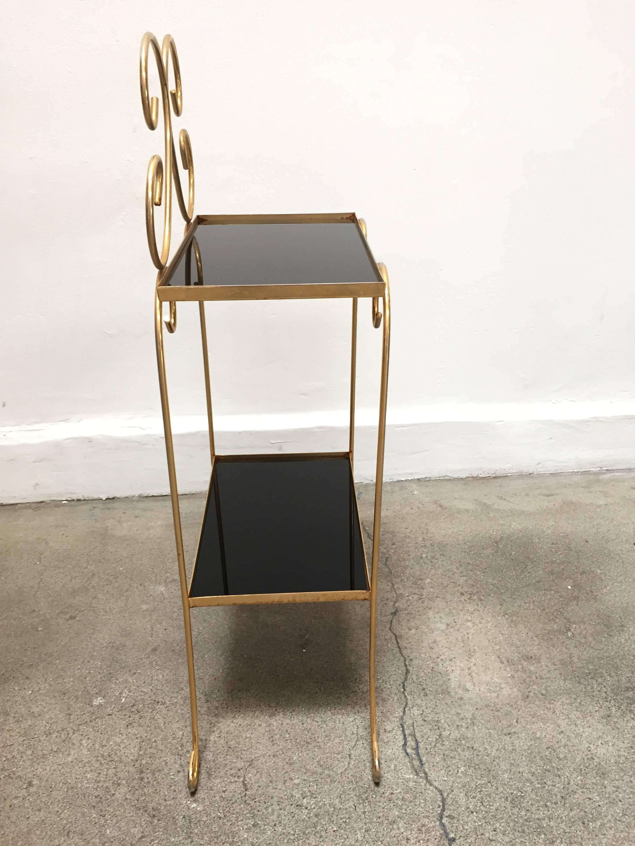 Iron French Gilt Metal Side Table with Two-Tier Black Glass Shelves