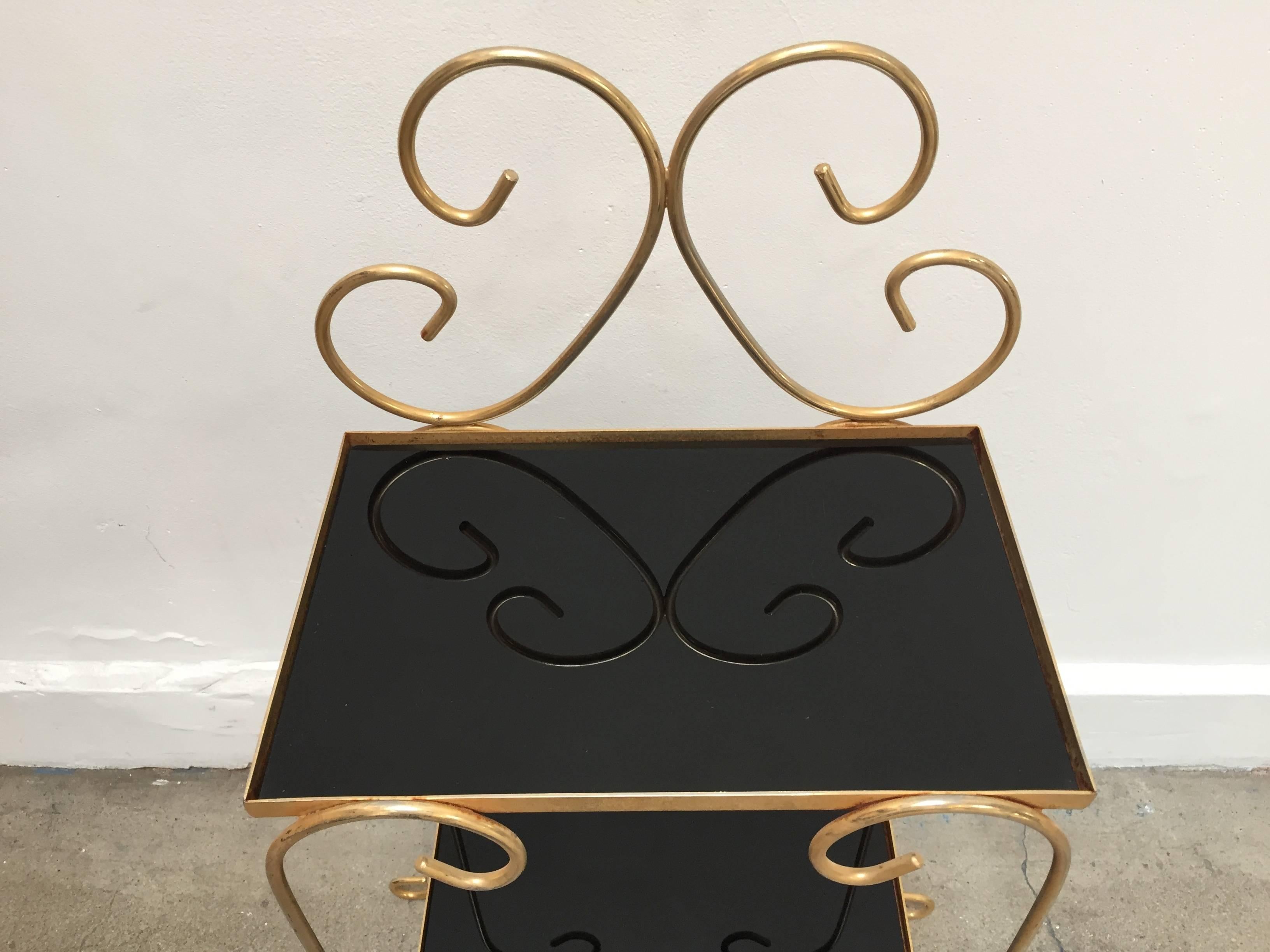 French Gilt Metal Side Table with Two-Tier Black Glass Shelves 1