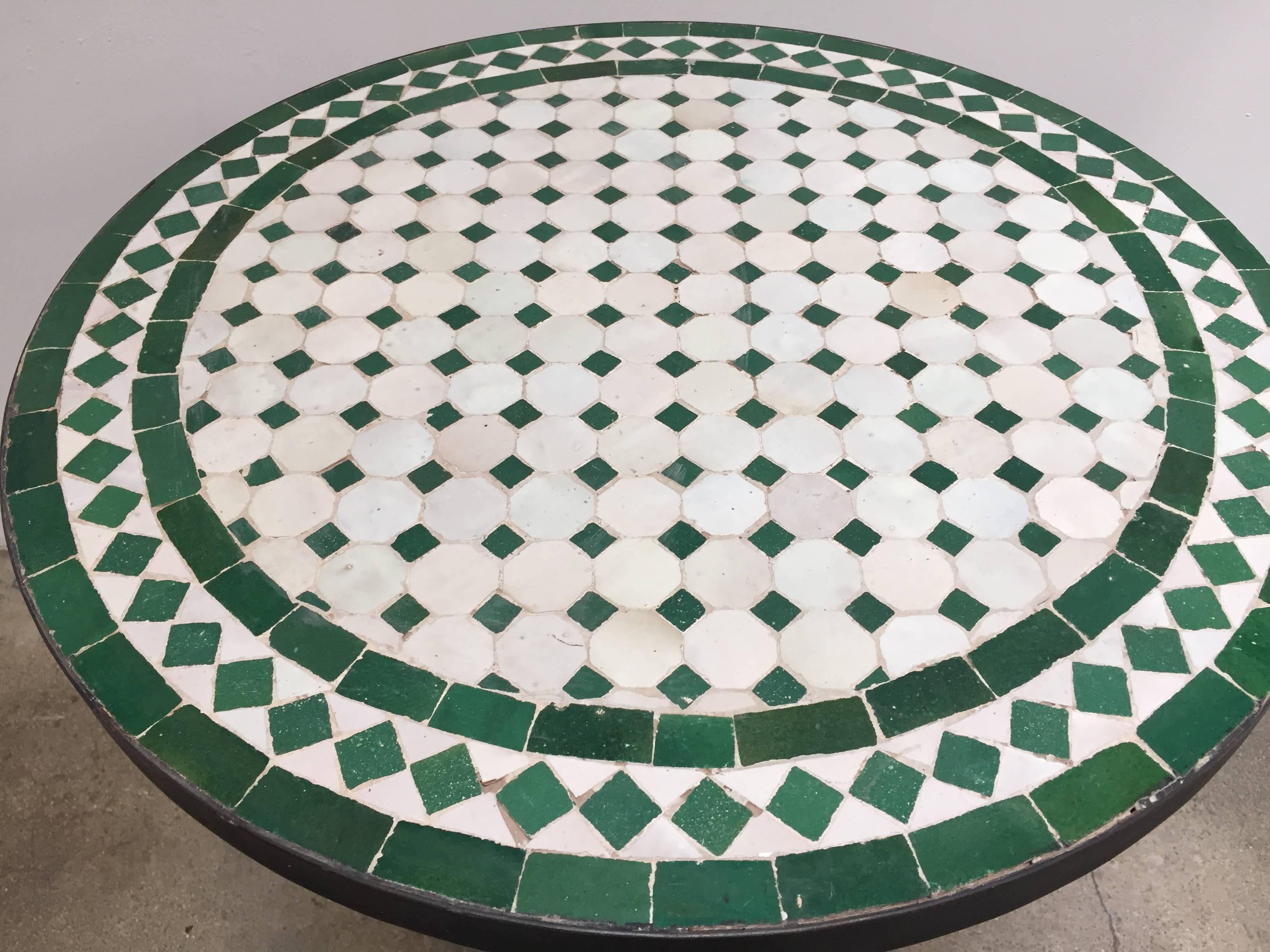 Moorish Moroccan Mosaic Tile Outdoor Side Table on Low Iron Base Green and White