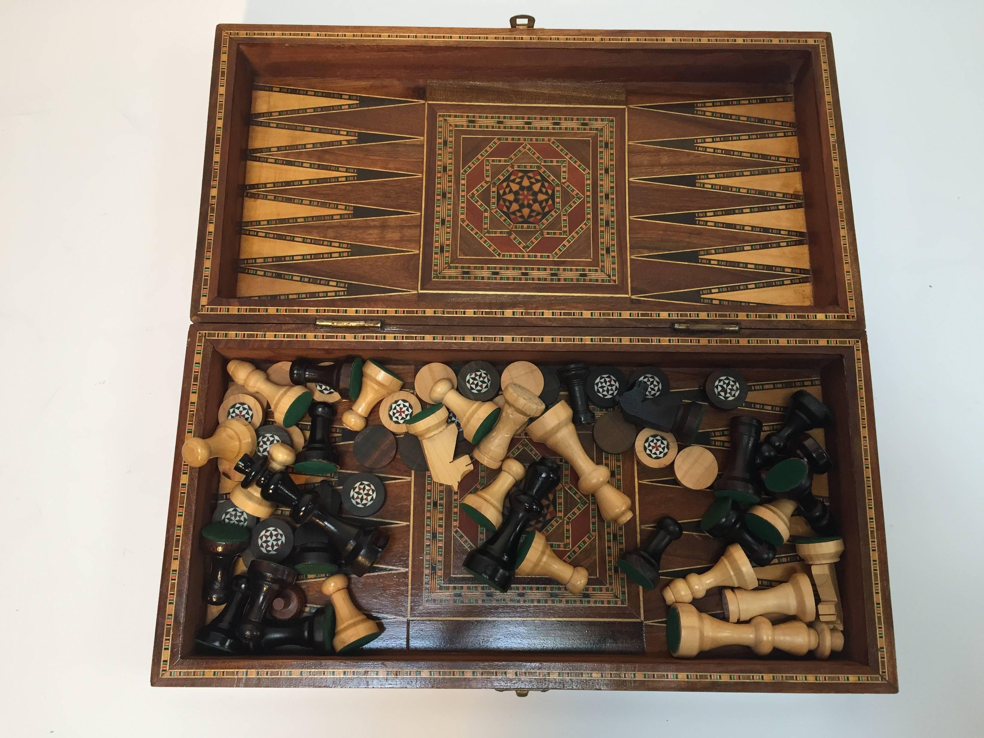 20th Century Mosaic Syrian Backgammon and Chess Wooden Inlaid Marquetry Box Game