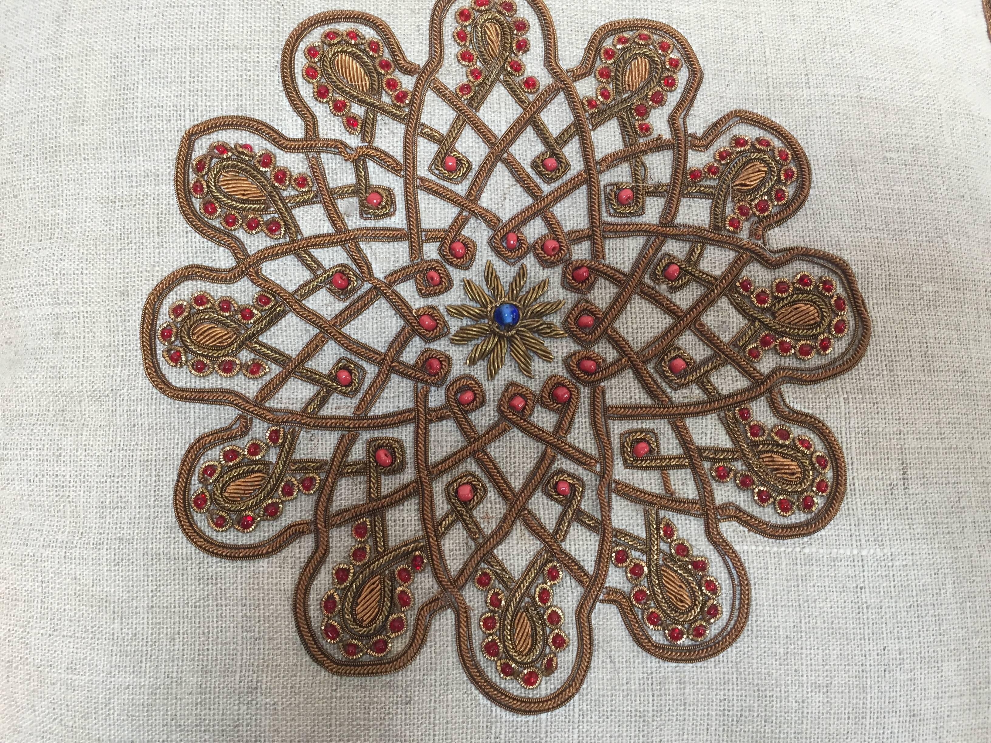 Indian Throw Decorative Accent Pillow Embroidered with Moorish Metallic Threads Design