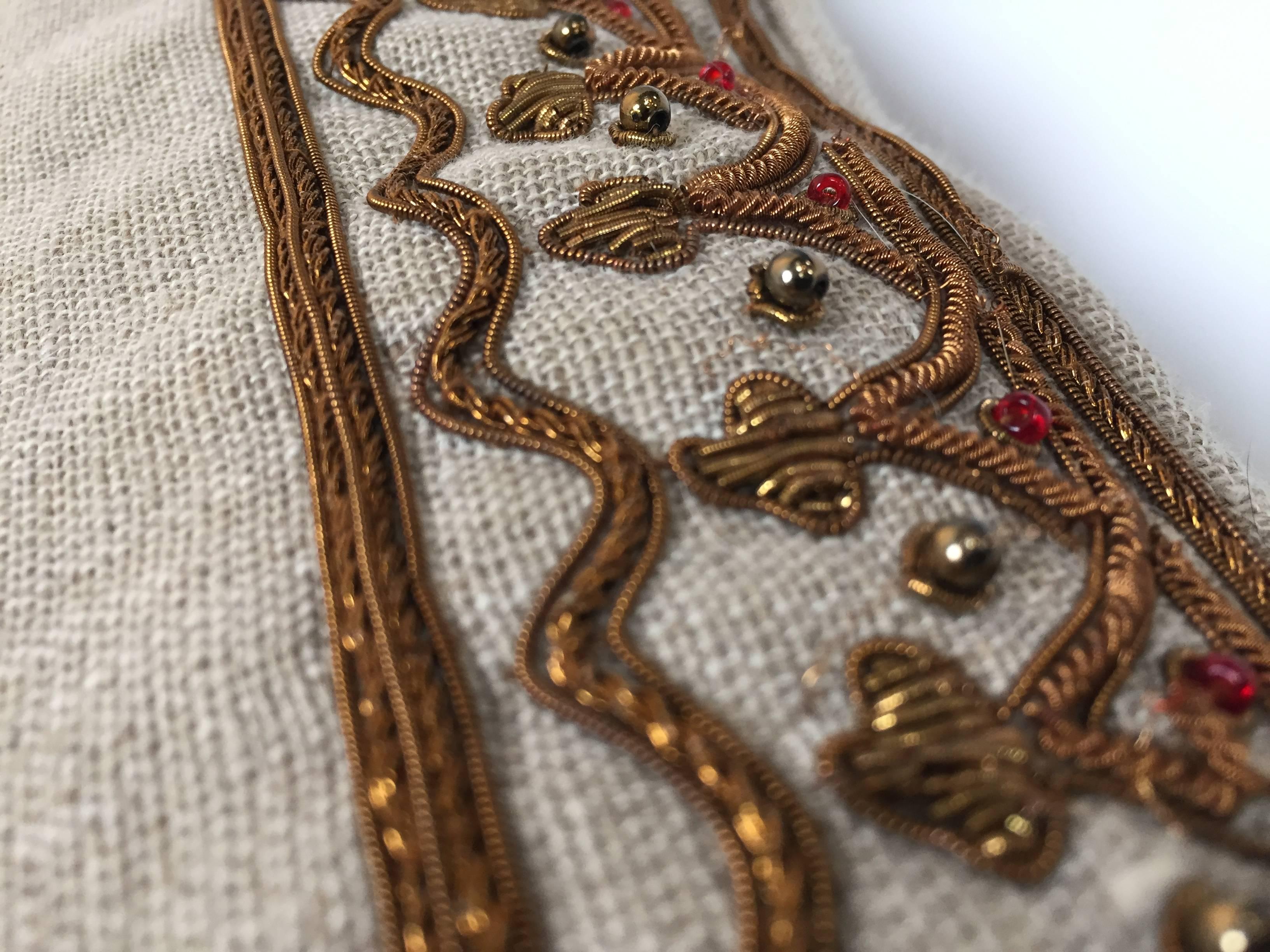 Linen Throw Decorative Accent Pillow Embroidered with Moorish Metallic Threads Design