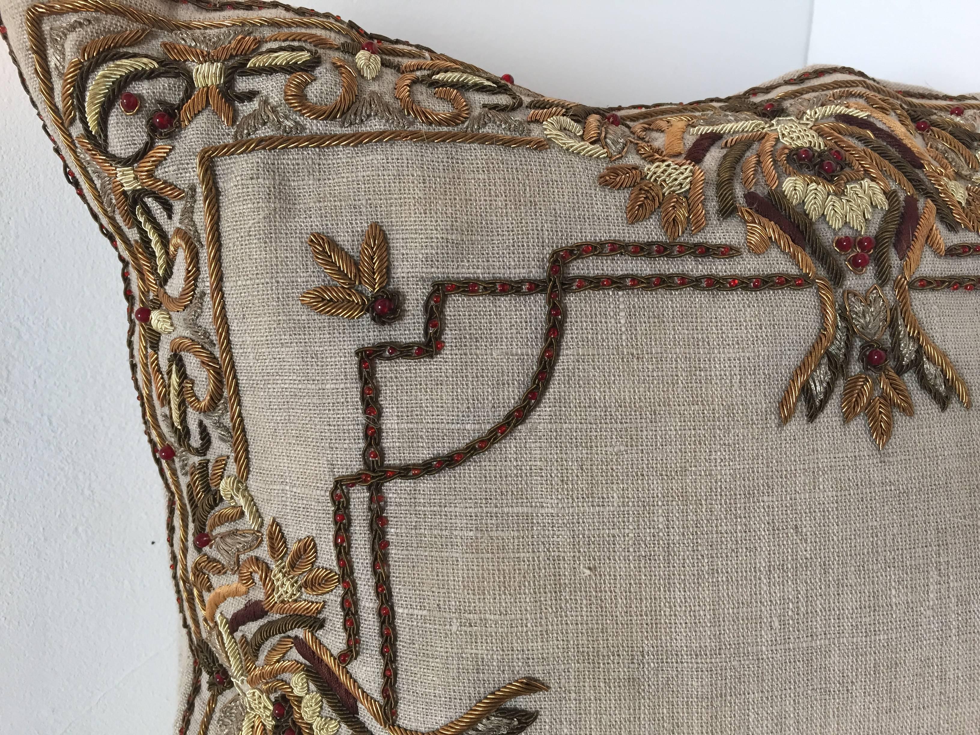20th Century Accent Pillow Embroidered with Moorish Metallic Threads Design