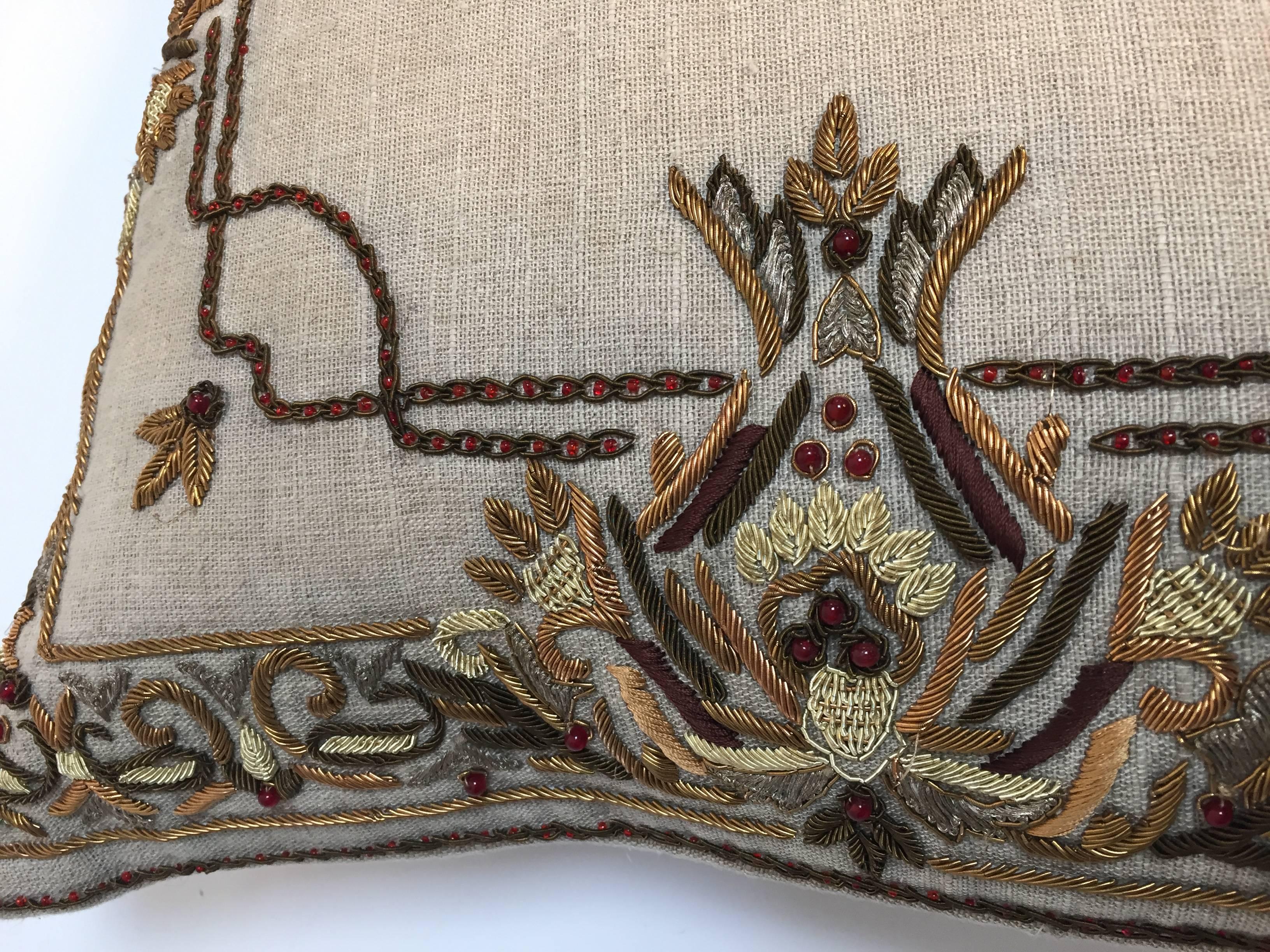Linen Accent Pillow Embroidered with Moorish Metallic Threads Design